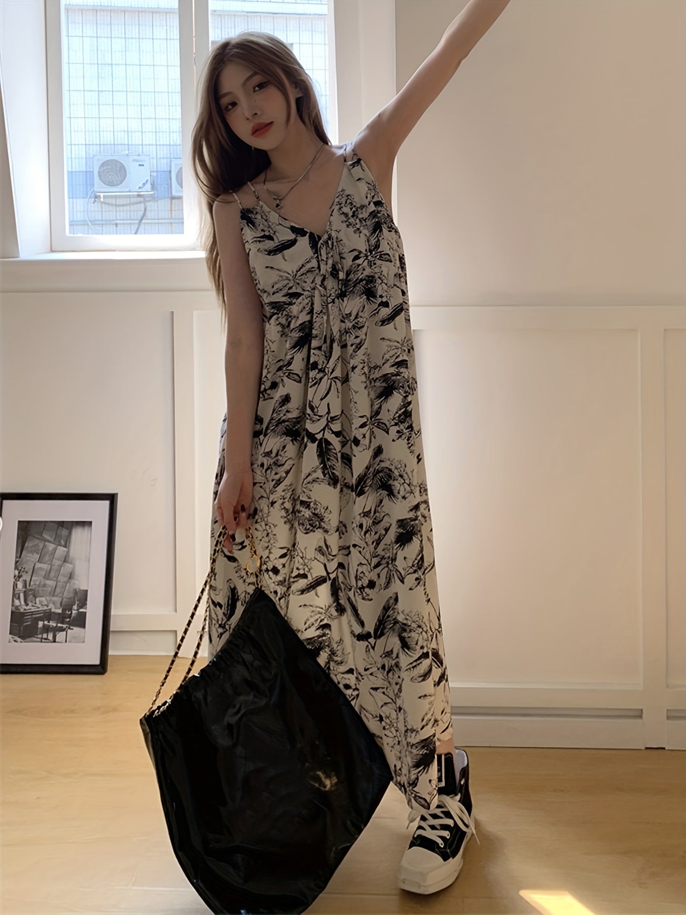 Antmvs Floral Print Tie Front Dress, Elegant Spaghetti Strap V Neck Dress, Women's Clothing