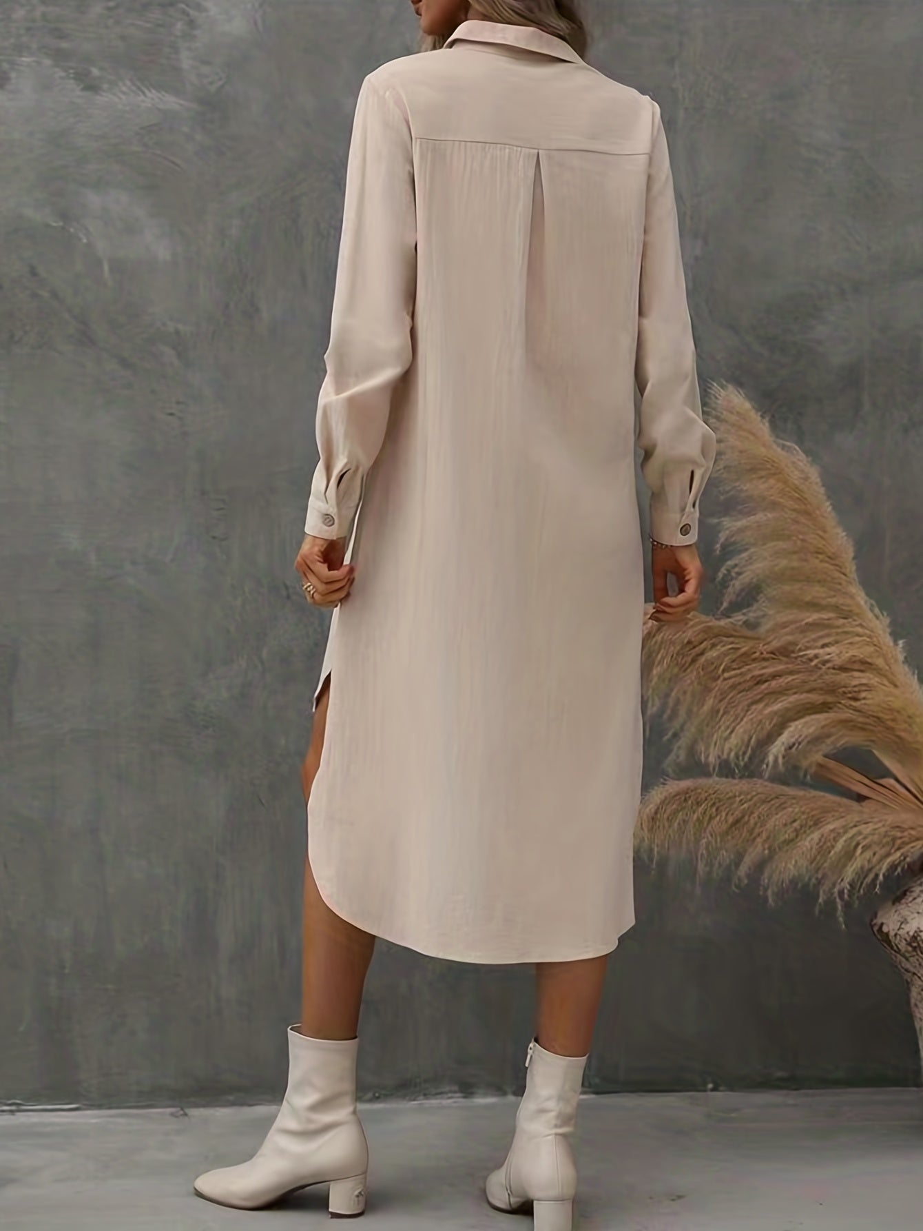 Antmvs Asymmetrical Hem Midi Dress, Casual Button Front Long Sleeve Dress With Pockets, Women's Clothing