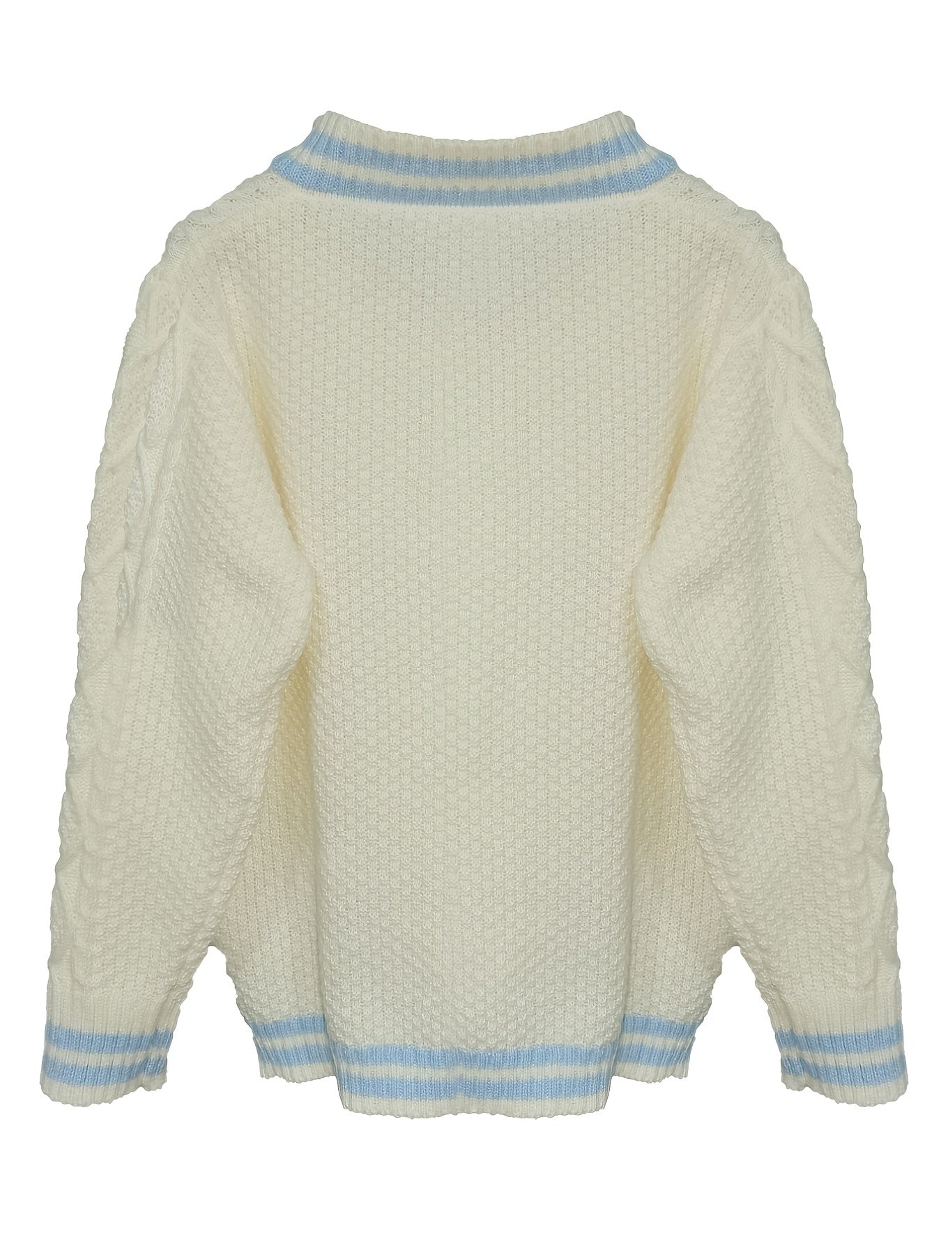 Antmvs Contrast Trim Cable Knit Sweater, Preppy V Neck Long Sleeve Sweater For Fall & Winter, Women's Clothing