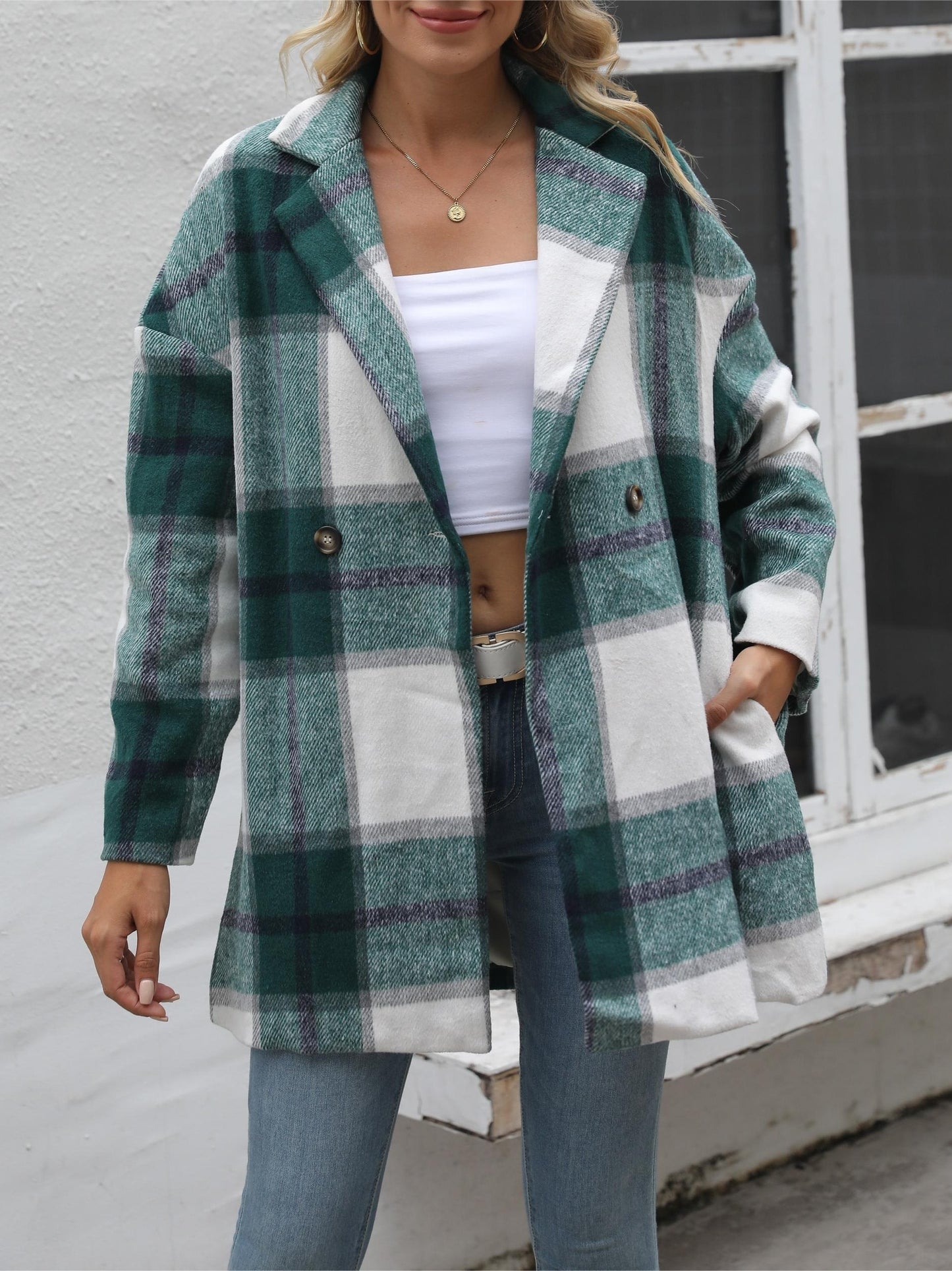 Antmvs Gingham Button Drop Shoulder Coat, Casual Long Sleeve Fashion Loose Plaid Outerwear, Women's Clothing