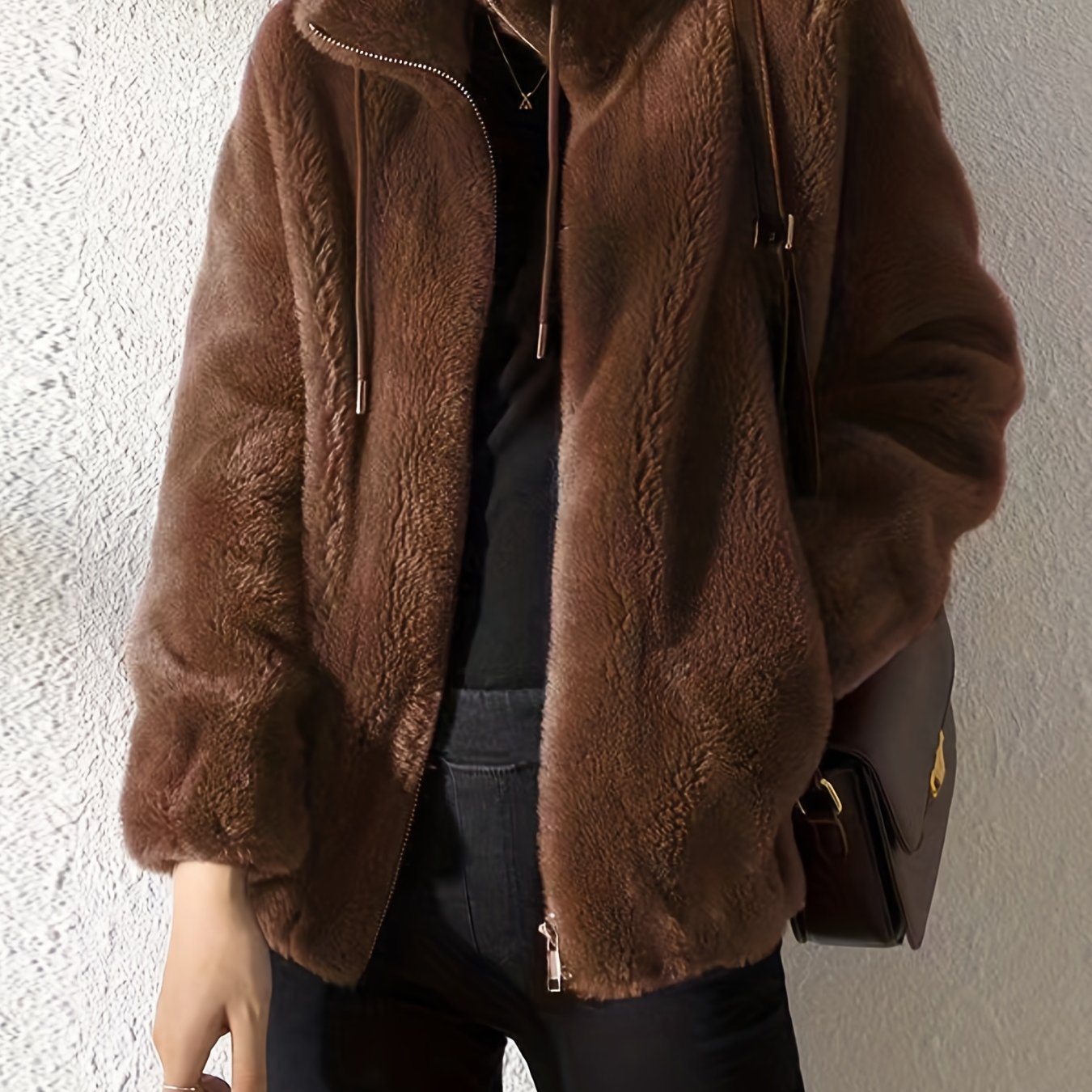 Antmvs Drawstring Teddy Coat, Casual Zip Up Long Sleeve Warm Outerwear, Women's Clothing