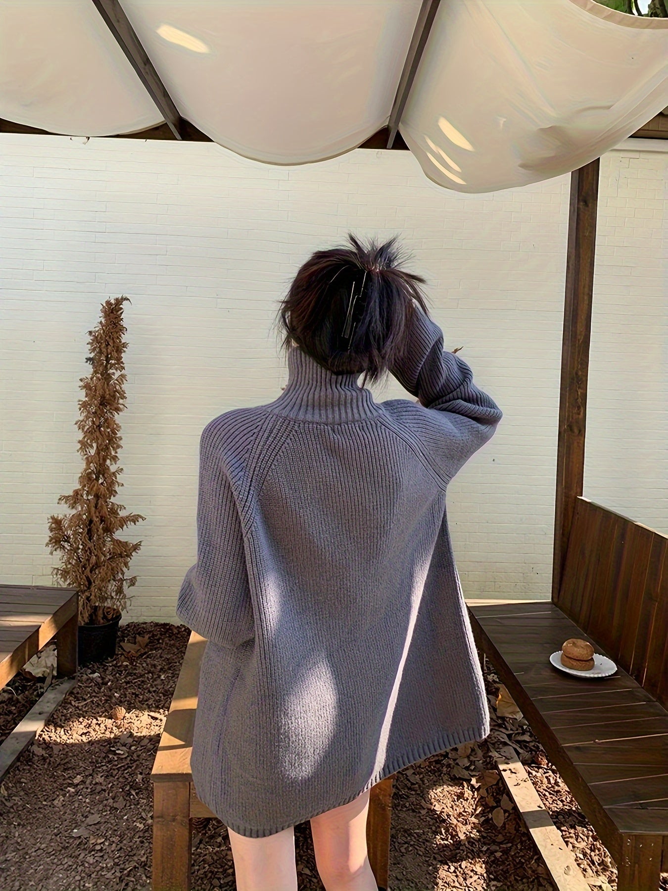 Antmvs Solid Zip Up Oversized Pullover Sweater, Casual Turtle Neck Long Sleeve Sweater, Women's Clothing
