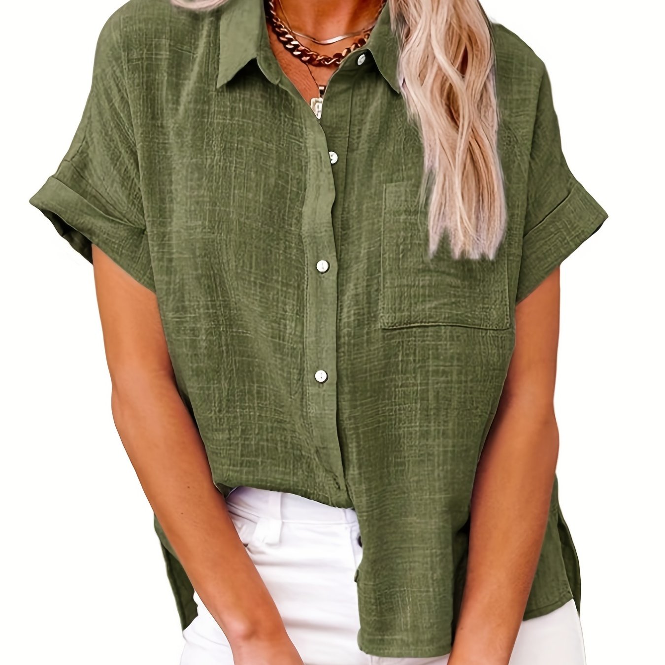 Antmvs Solid Color Short Sleeve Blouse, Casual Button Front Blouse For Spring & Summer, Women's Clothing