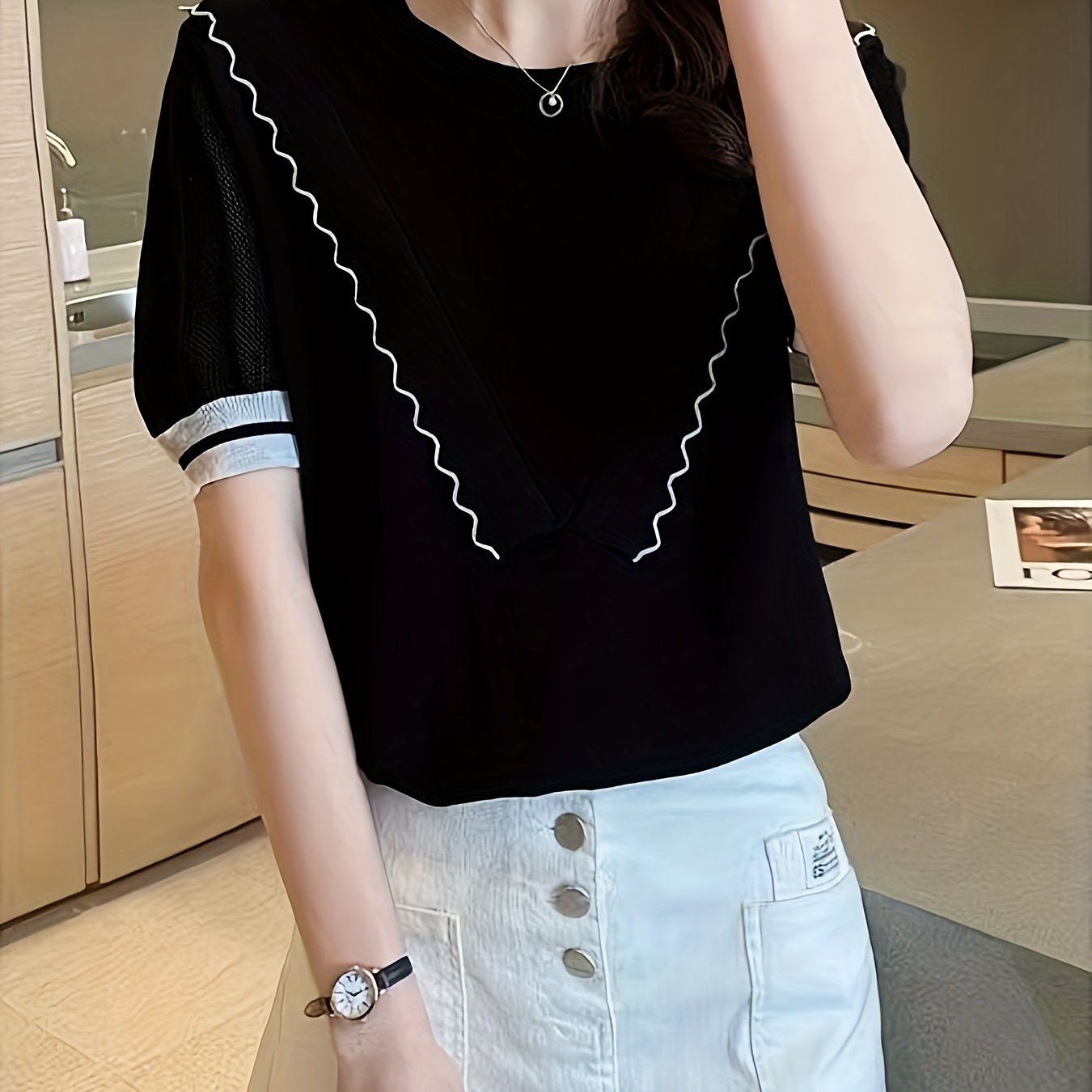 Antmvs Layered Scallop Trim Knit Top, Casual Contrast Trim Short Sleeve Top For Spring & Summer, Women's Clothing