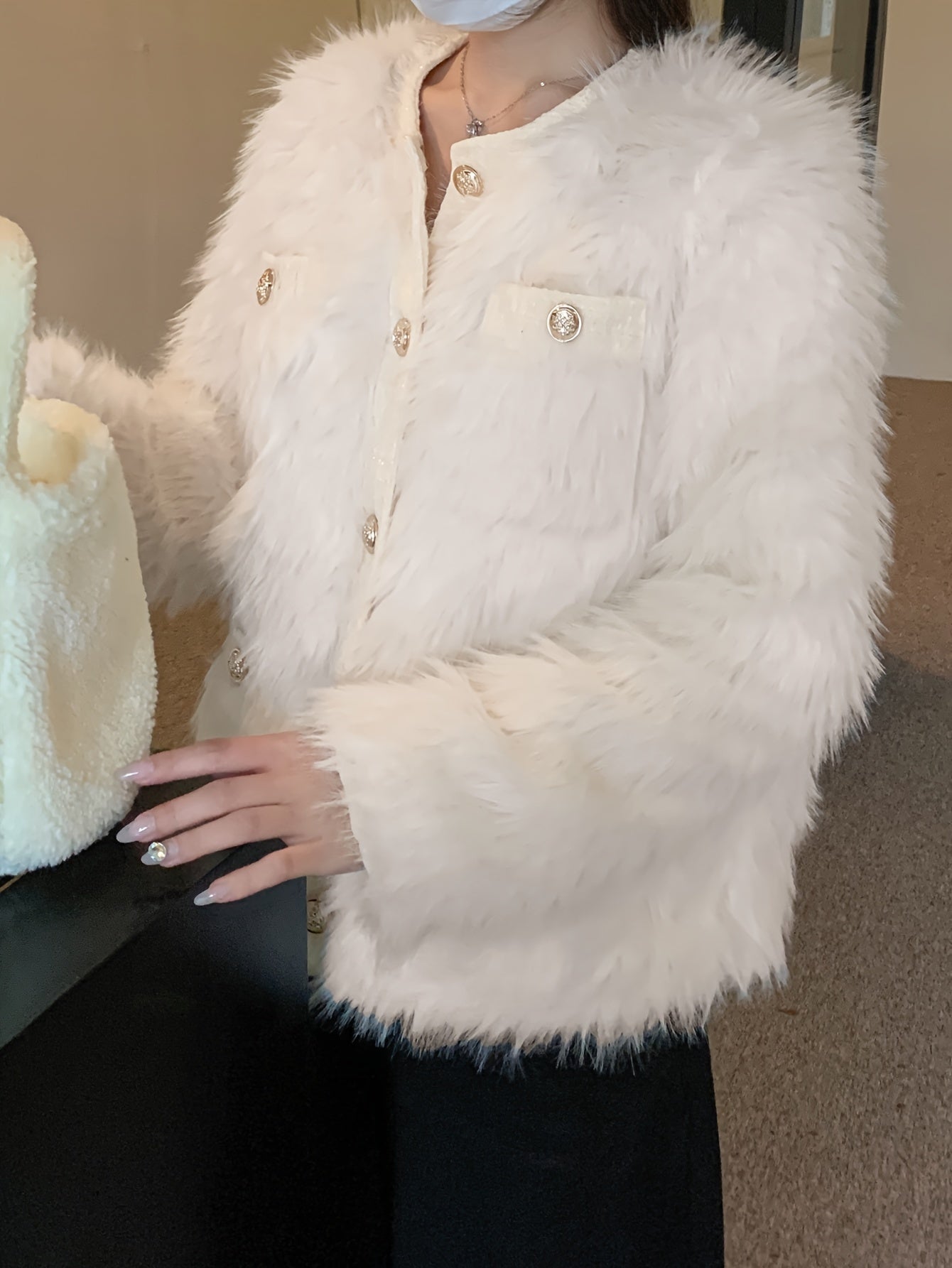 Antmvs Faux Fur Button Front Coat, Chic Thermal Long Sleeve Coat For Fall & Winter, Women's Clothing