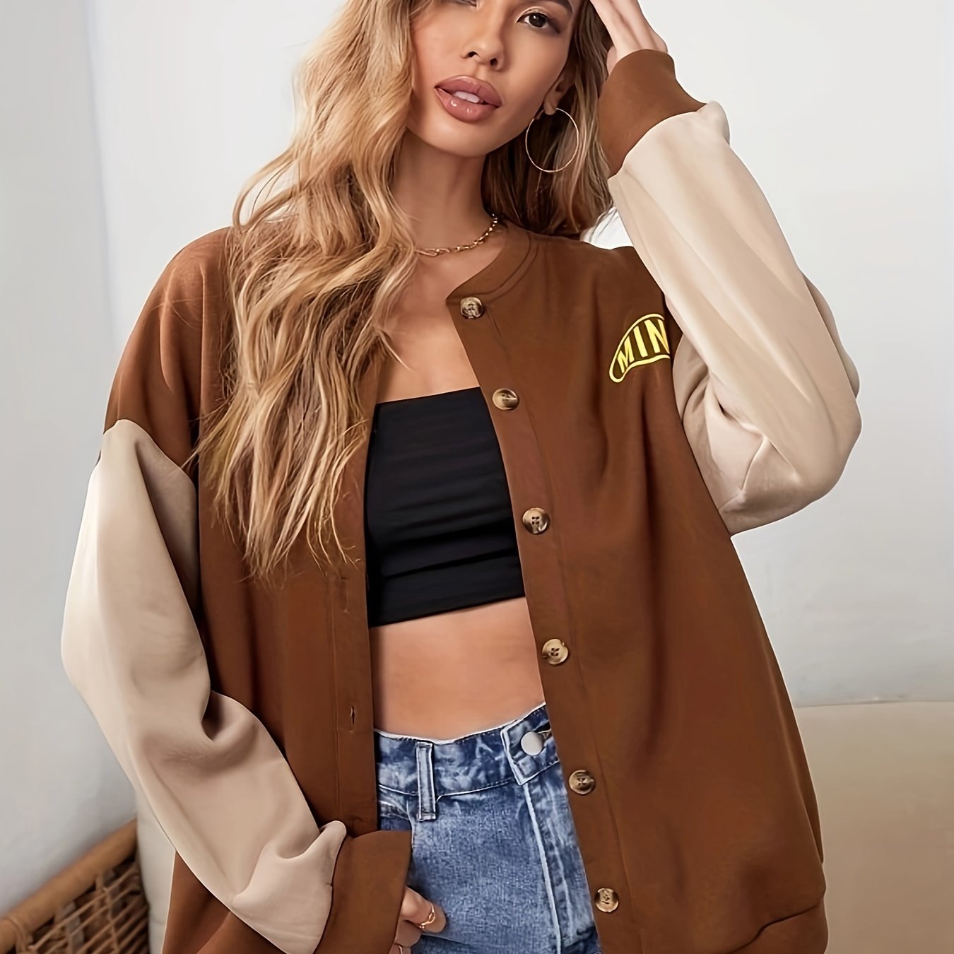 Antmvs Letter Pattern Button Front Jacket, Casual Long Sleeve Color Block Jacket For Fall & Winter, Women's Clothing