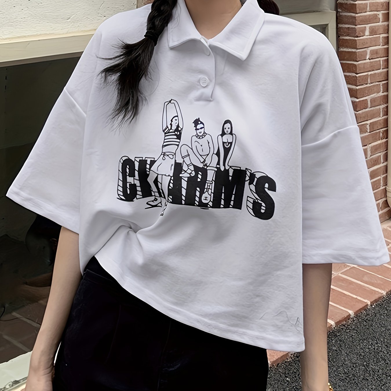 Antmvs Figure & Letter Print Button Front T-Shirt, Casual Short Sleeve Lapel T-Shirt For Spring & Summer, Women's Clothing