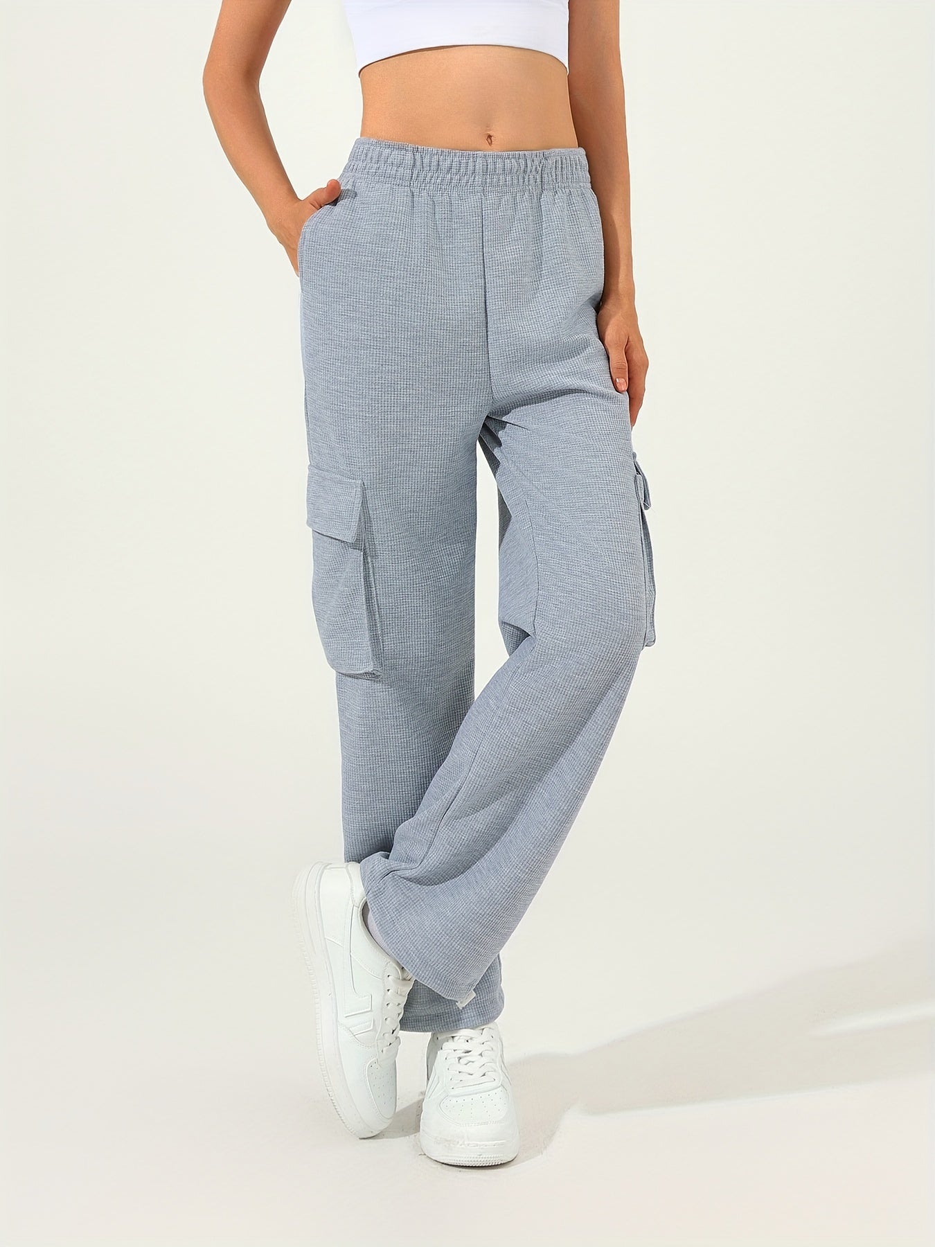 Antmvs Waffle Casual Sports Elastic Waist Sweatpants, Multi-pocket High Waist Solid Color Joggers Pants, Women's Athleisure