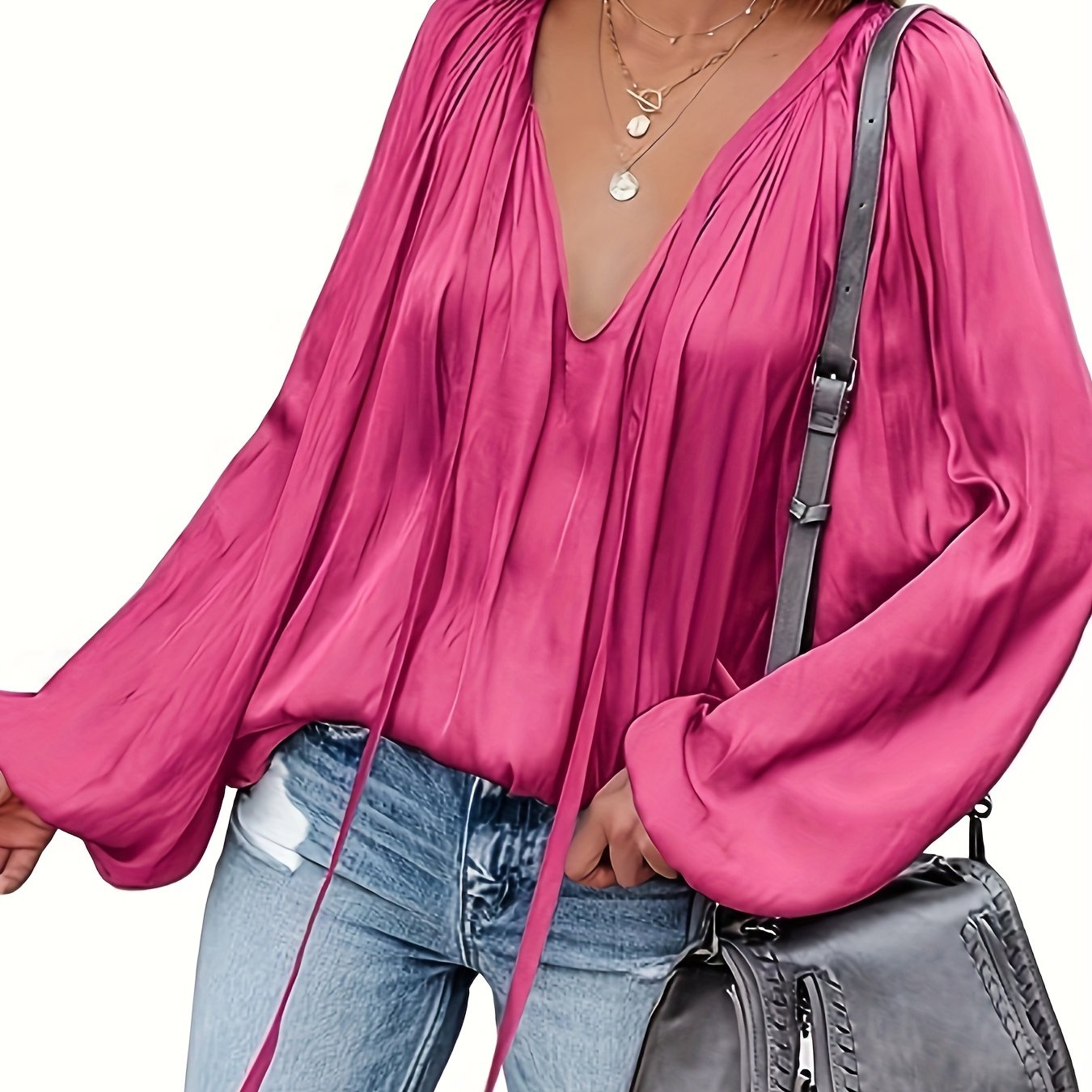 Antmvs Lantern Long Sleeve Satin Blouse, Elegant V Neck Tops For Spring & Summer, Women's Clothing