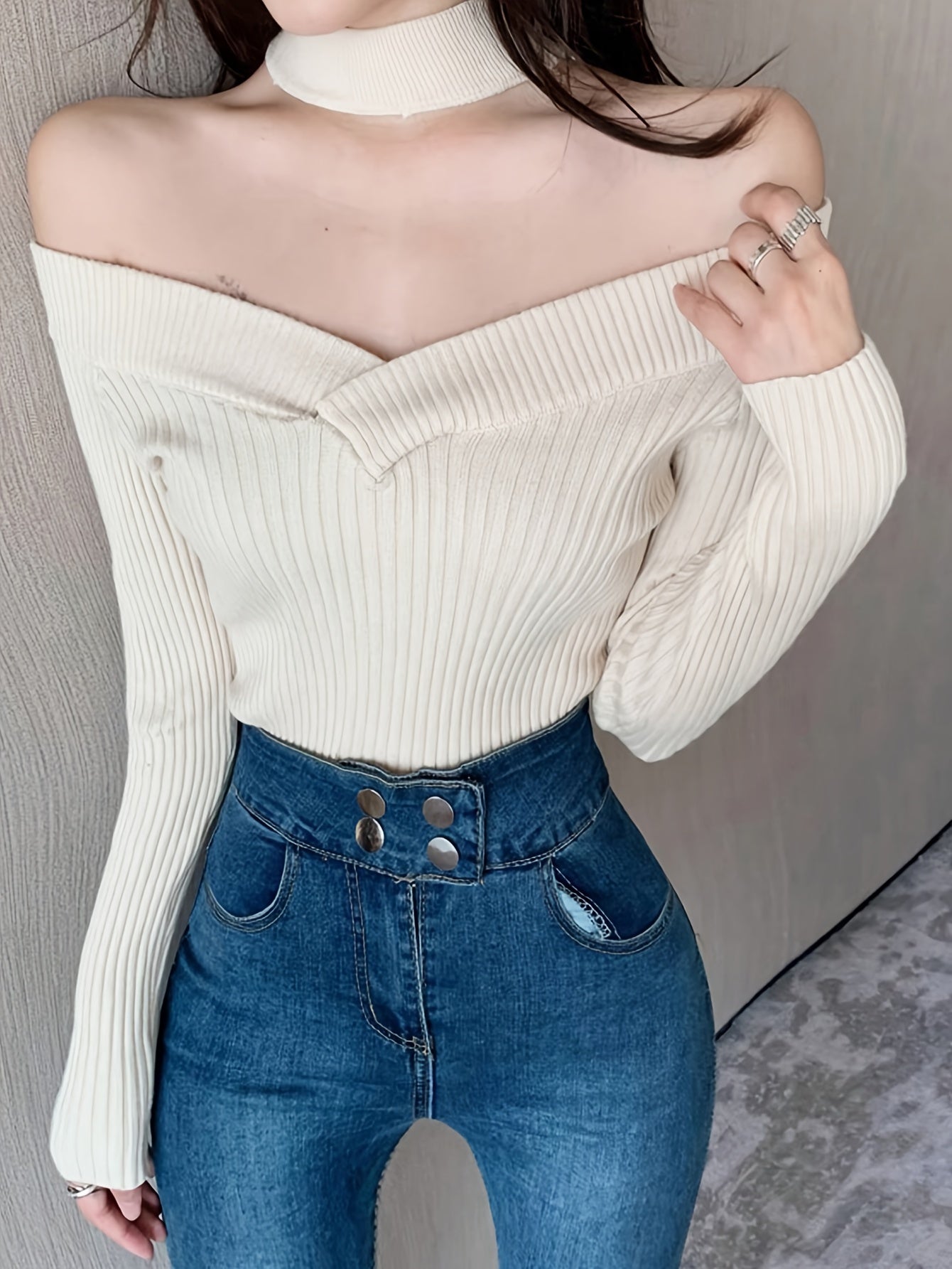 Antmvs Cold Shoulder Choker Neck Sweater, Chic Long Sleeve Sweater For Fall & Winter, Women's Clothing