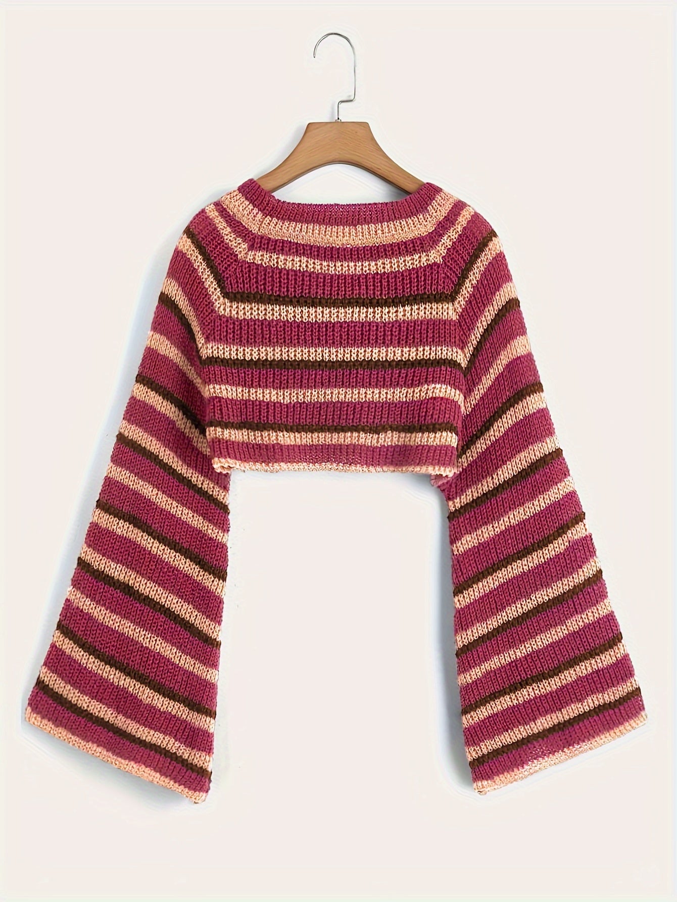 Antmvs Y2K Striped Crew Neck Knit Sweater, Bell Sleeve Crop Sweater For Spring & Fall, Women's Clothing