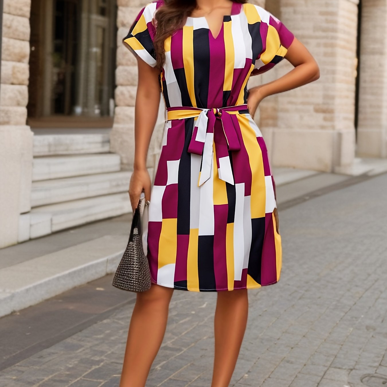 Antmvs Color Block Tie Front Dress, Casual V Neck Short Sleeve Dress For Spring & Summer, Women's Clothing