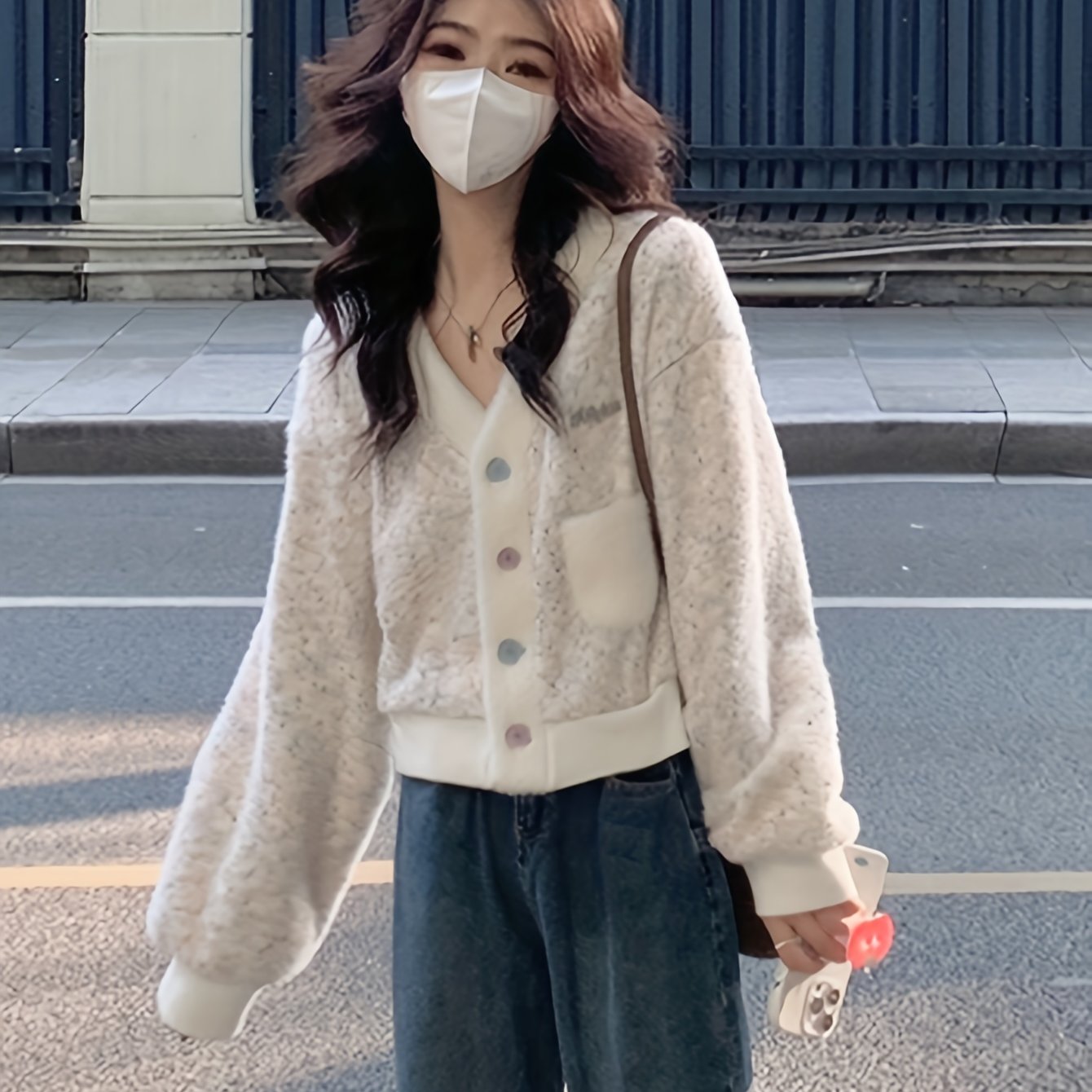 Antmvs Color Block Button Down Knit Cardigan, Casual Long Sleeve Plush Sweet Sweater, Women's Clothing