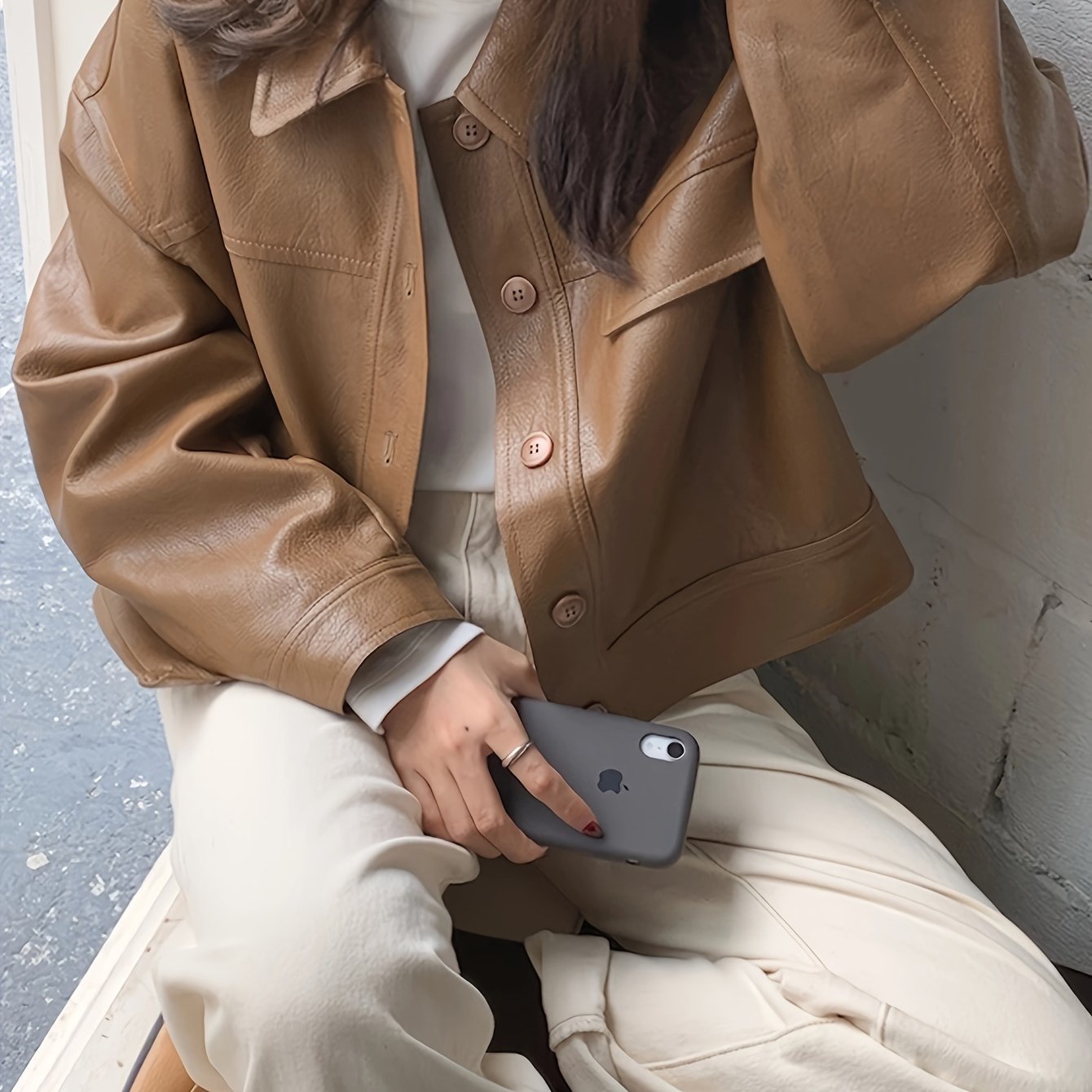 Antmvs Solid Faux Leather Vintage Jacket, Long Sleeve Single Breasted Outwear For Fall & Winter, Women's Clothing