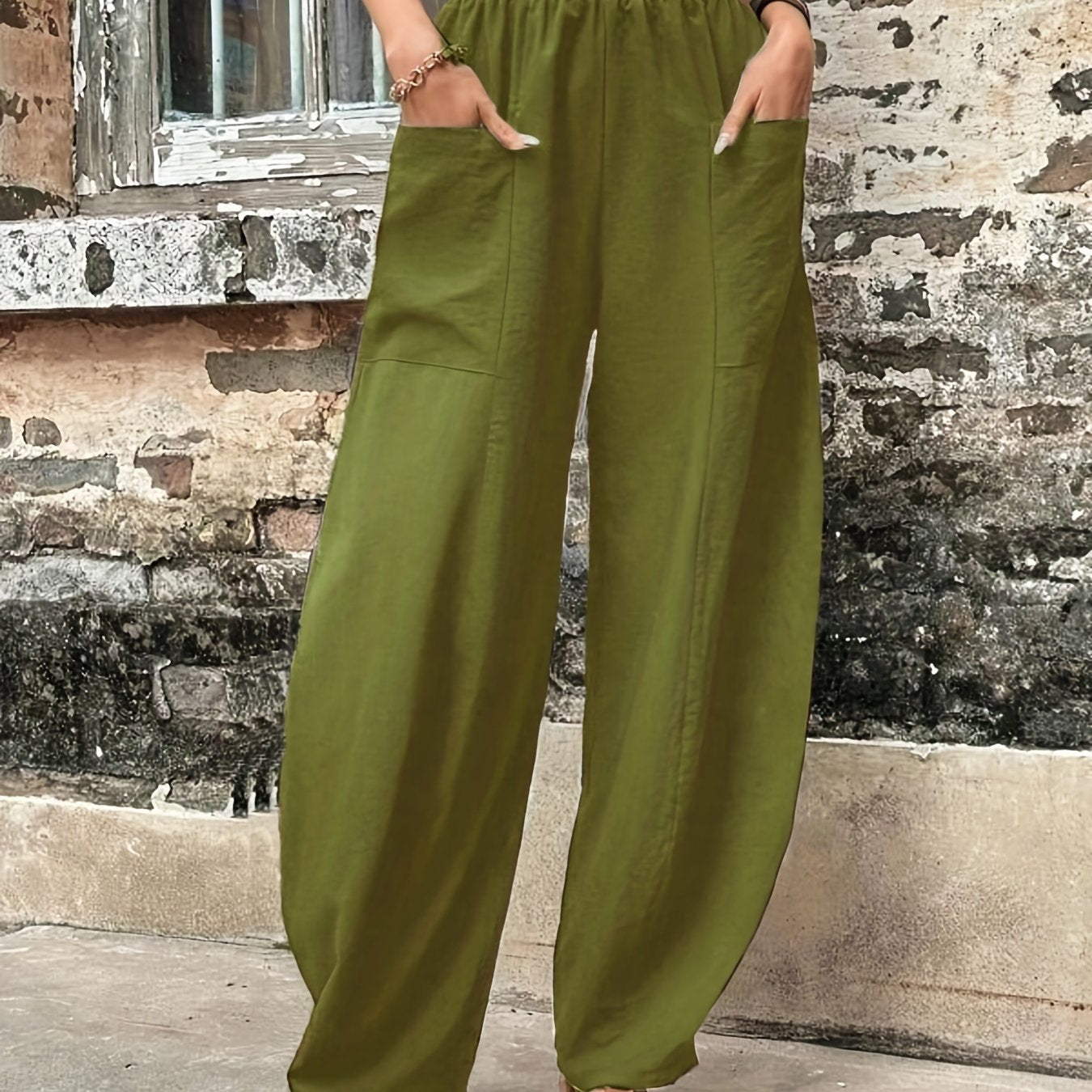 Antmvs Boho Solid Elastic Waist Harem Pants, Casual Long Length Baggy Pants With Pockets For Spring & Summer, Women's Clothing