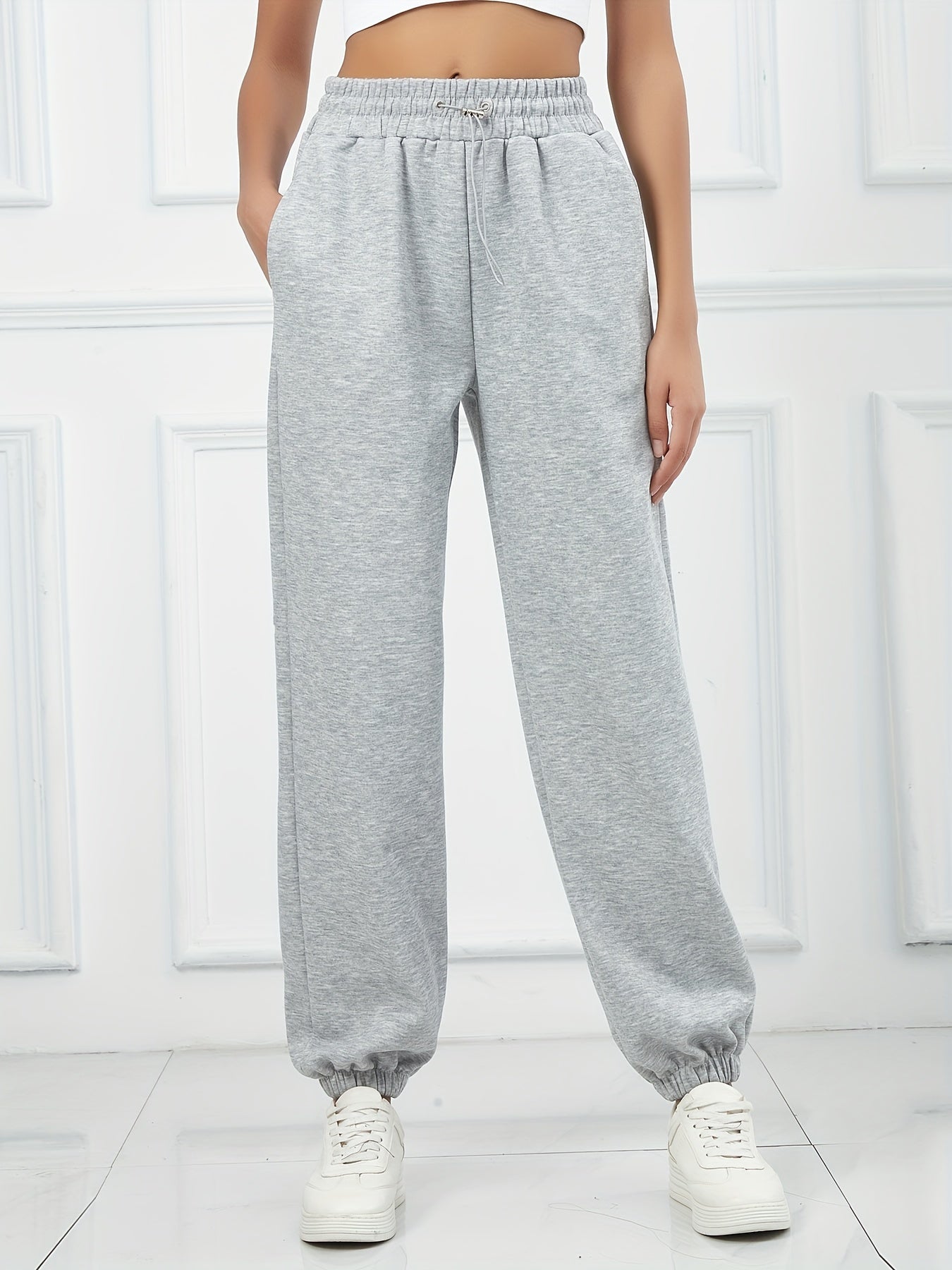 Antmvs Drawstring Elastic Waist Casual Sports Pants With Pocket, Comfortable Solid Color Sweatpants, Women's Athleisure
