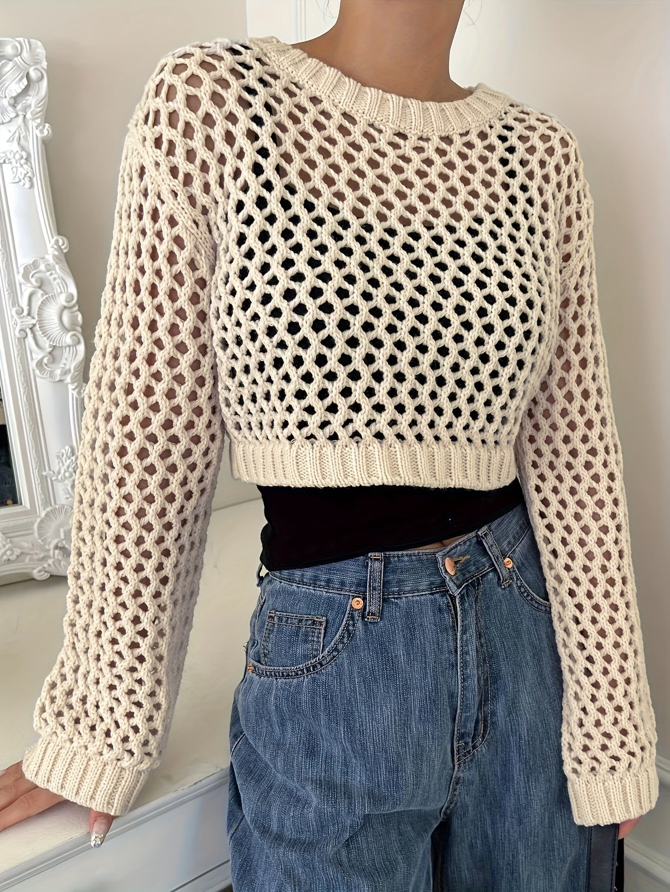 Antmvs Solid Hollow Out Crochet Coverup, Elegant Long Sleeve Crop Top For Spring & Summer, Women's Clothing