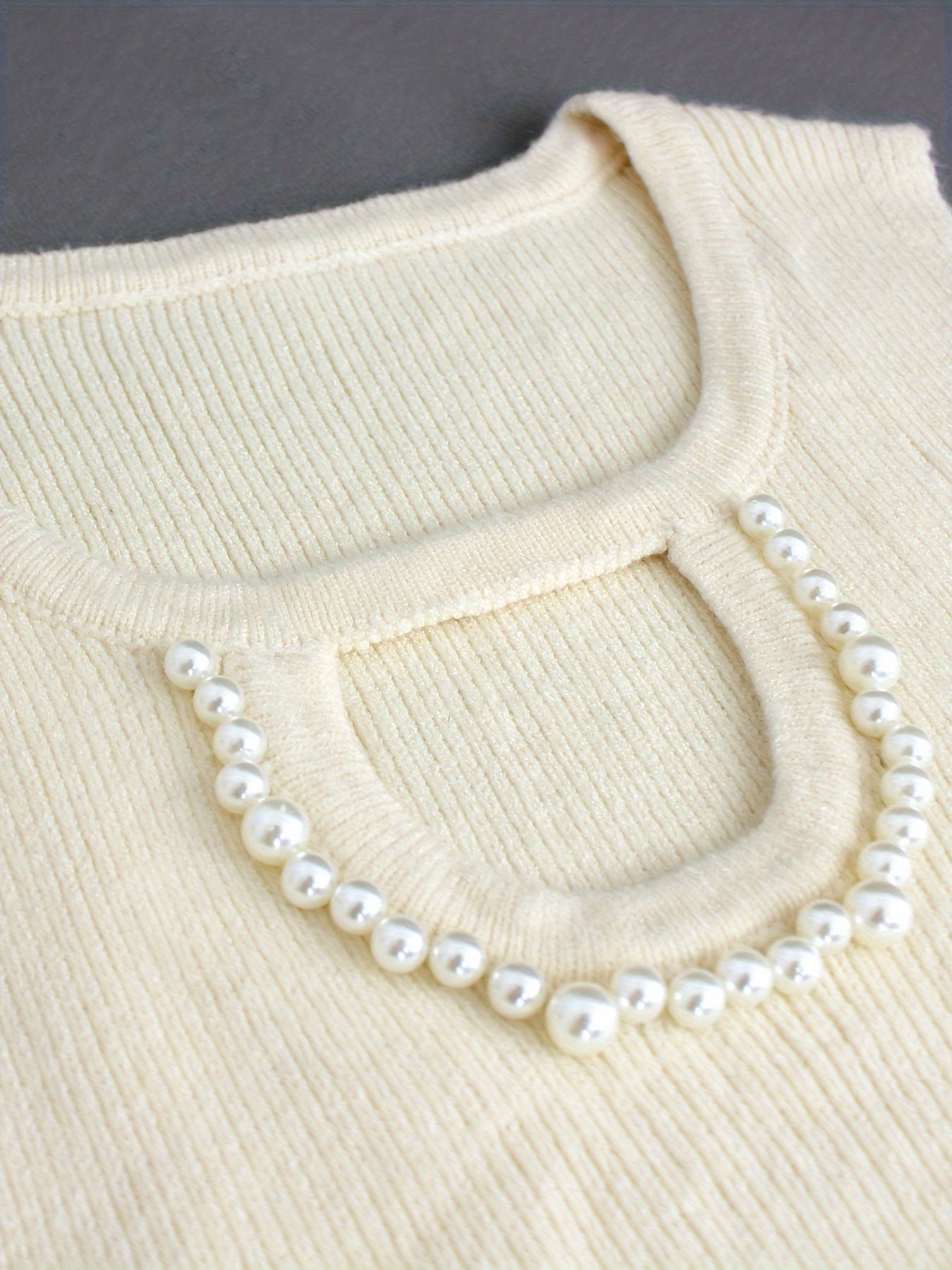 Antmvs Beaded Cut Out Knitted Top, Casual Crew Neck Sleeveless Tank Top, Women's Clothing