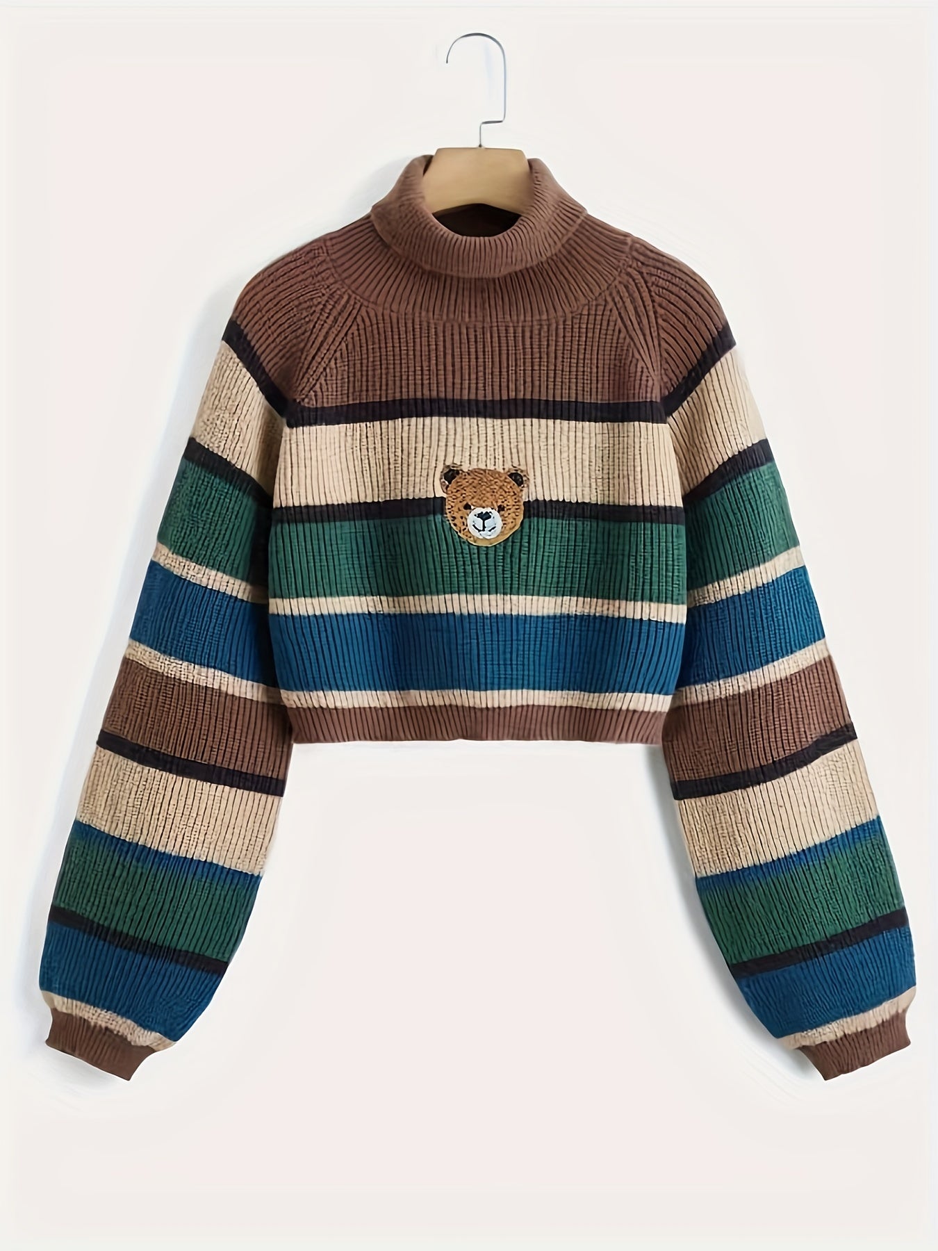 Antmvs Bear Pattern Striped Pullover Sweater, Cute Turtle Neck Long Sleeve Crop Sweater, Women's Clothing