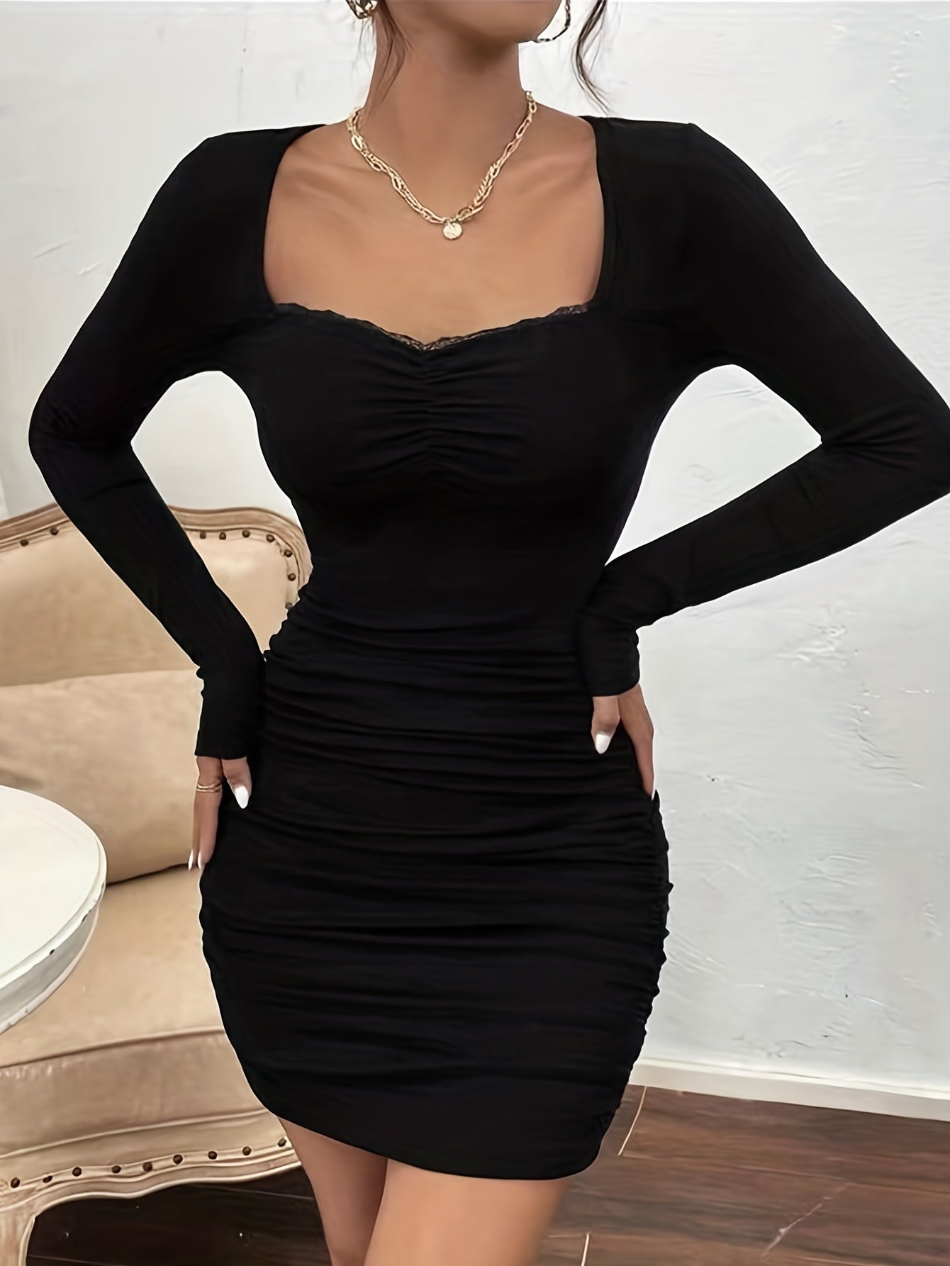 Antmvs Ruched Solid Dress, Elegant Long Sleeve Bodycon Party Dress, Women's Clothing