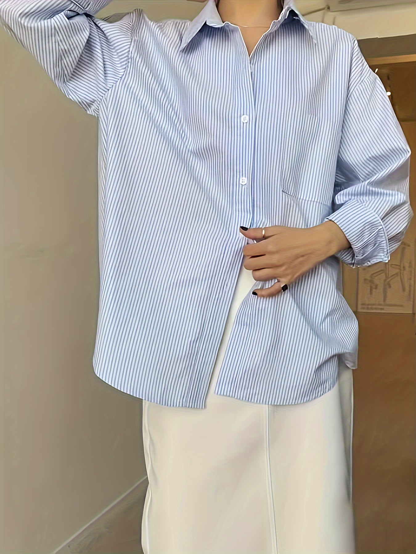 Antmvs Striped Print Patched Pocket Shirt, Vintage Long Sleeve Drop Shoulder Shirt, Women's Clothing