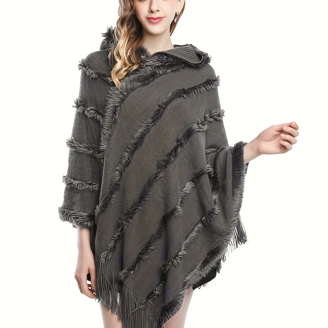 Antmvs Tassel Shawl Hooded Shawl Sweater, Vintage Solid Asymmetrical Hem Poncho Sweater, Women's Clothing