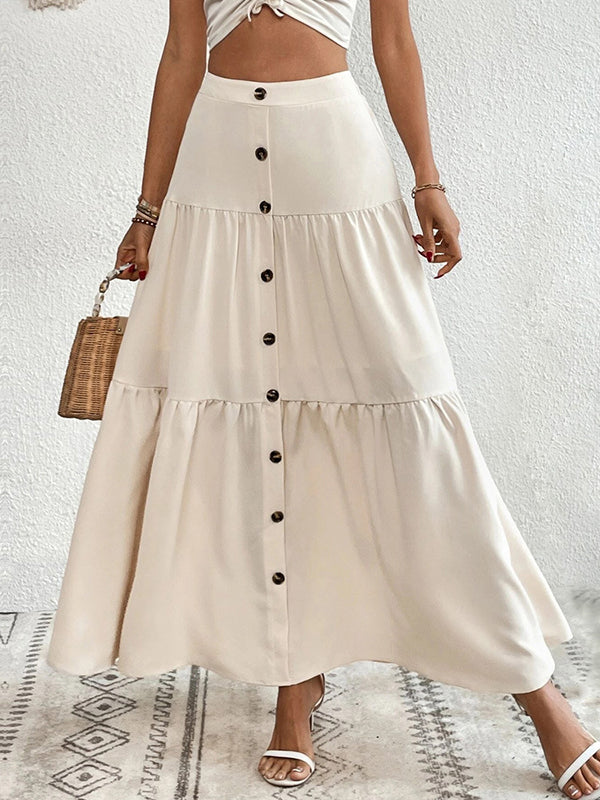 Antmvs Split-Joint Pleated Buttoned Loose Skirts Bottoms
