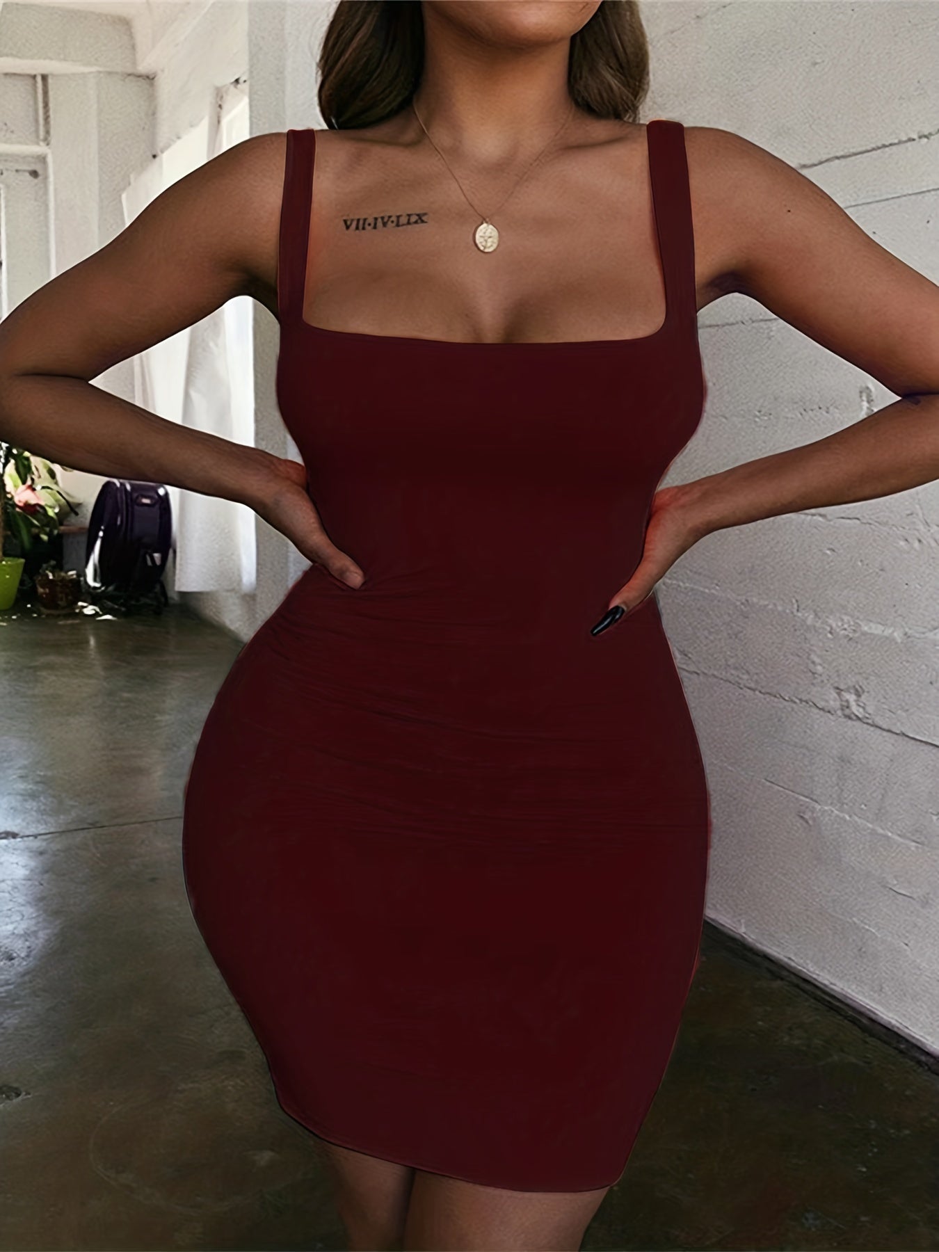 Antmvs Plus Size Sexy Dress, Women's Plus Plain Square Neck Medium Stretch Bodycon Tank Dress
