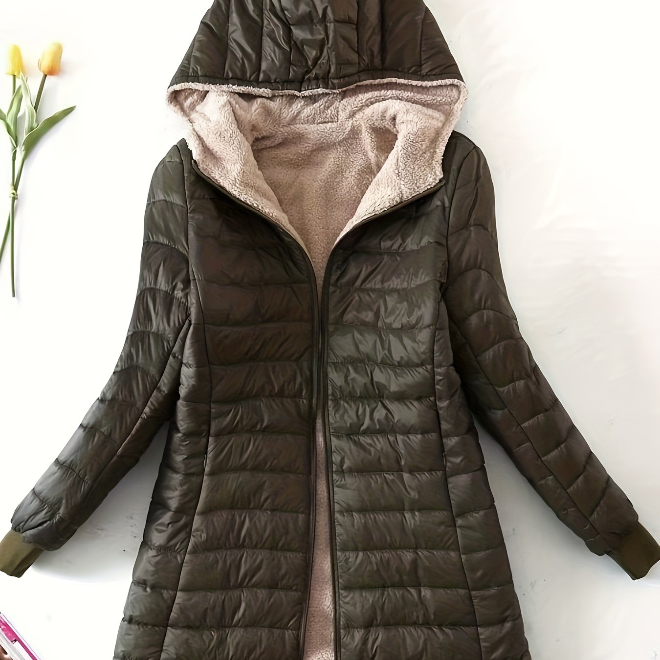 Antmvs Mid-length Hooded Slim Fit Fleece Padded Jacket, Warm Solid Color Causal Winter Coat, Women's Activewear
