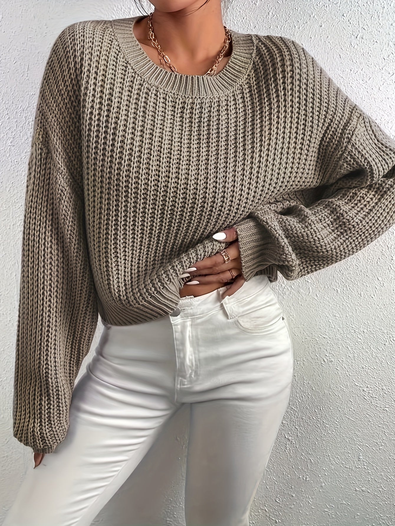 Antmvs Crew Neck Rib Knit Sweater, Casual Drop Shoulder Oversized Long Sleeve Loose Fall Winter Knit Sweater, Women's Clothing