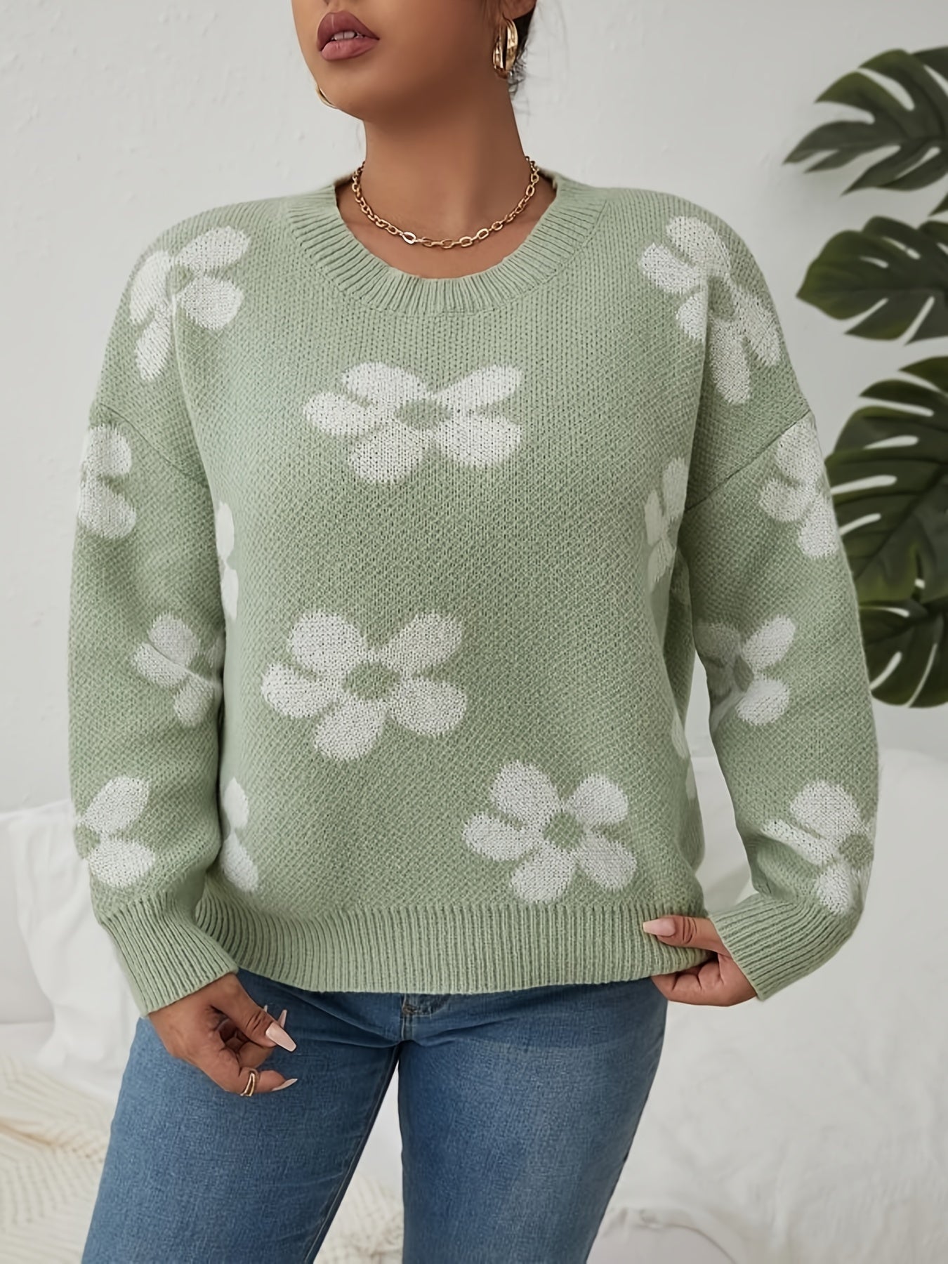 Antmvs Plus Size Casual Sweater, Women's Plus Floral Print Long Sleeve Round Neck Jumper
