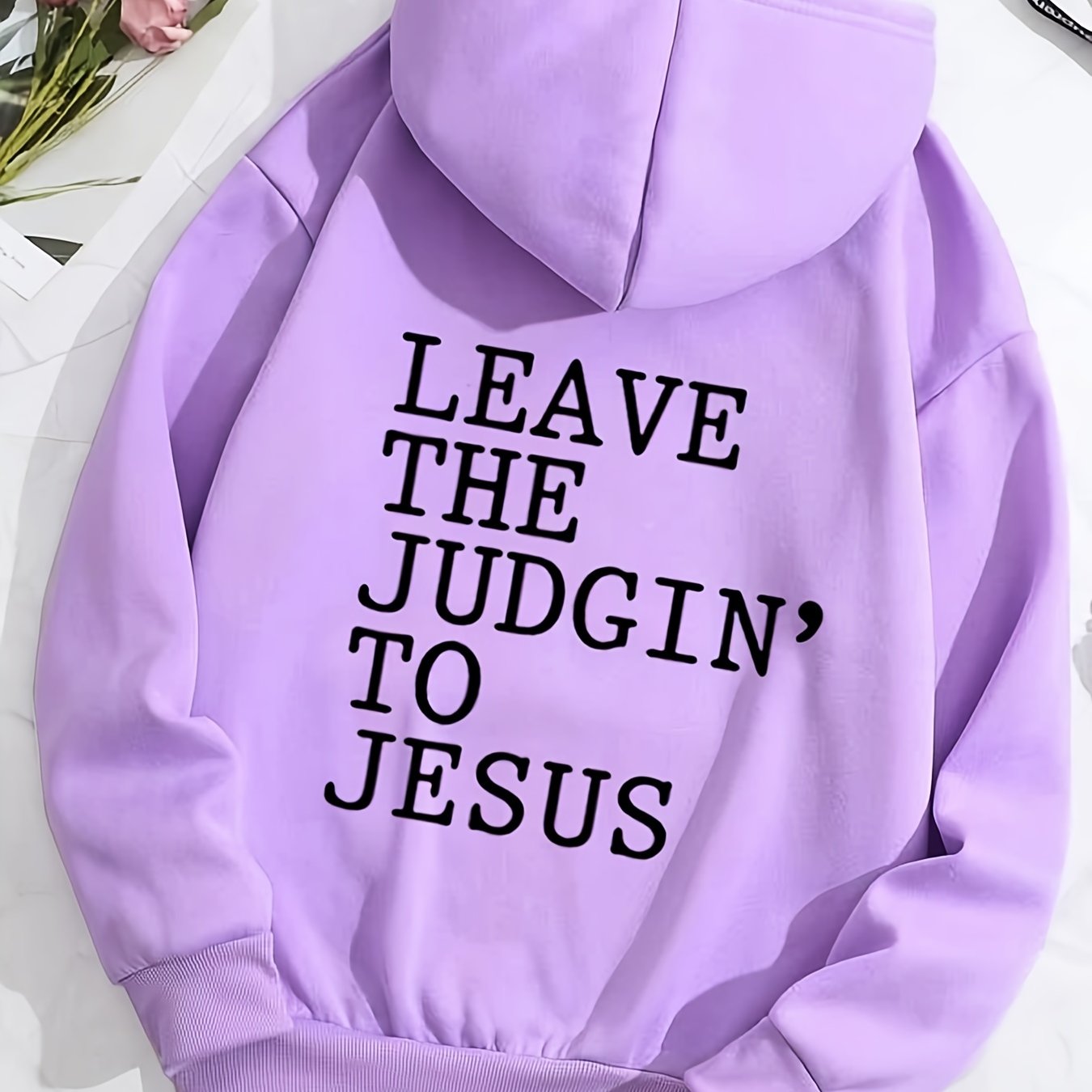 Antmvs Plus Size Casual Sweatshirt, Women's Plus Slogan Print Long Sleeve Drawstring Hooded Sweatshirt With Pockets
