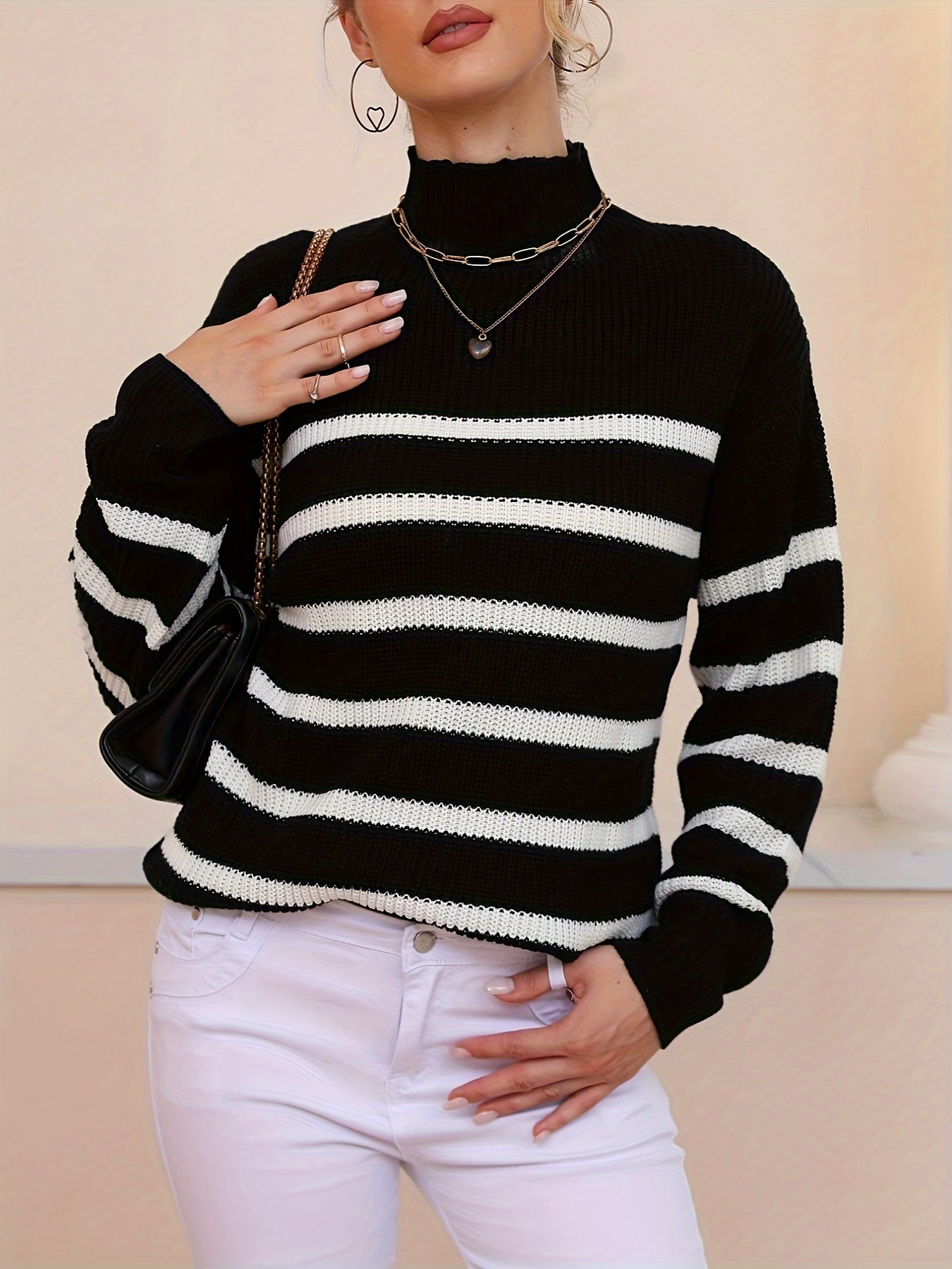 Antmvs Striped Turtle Neck Pullover Sweater, Casual Long Sleeve Sweater, Women's Clothing
