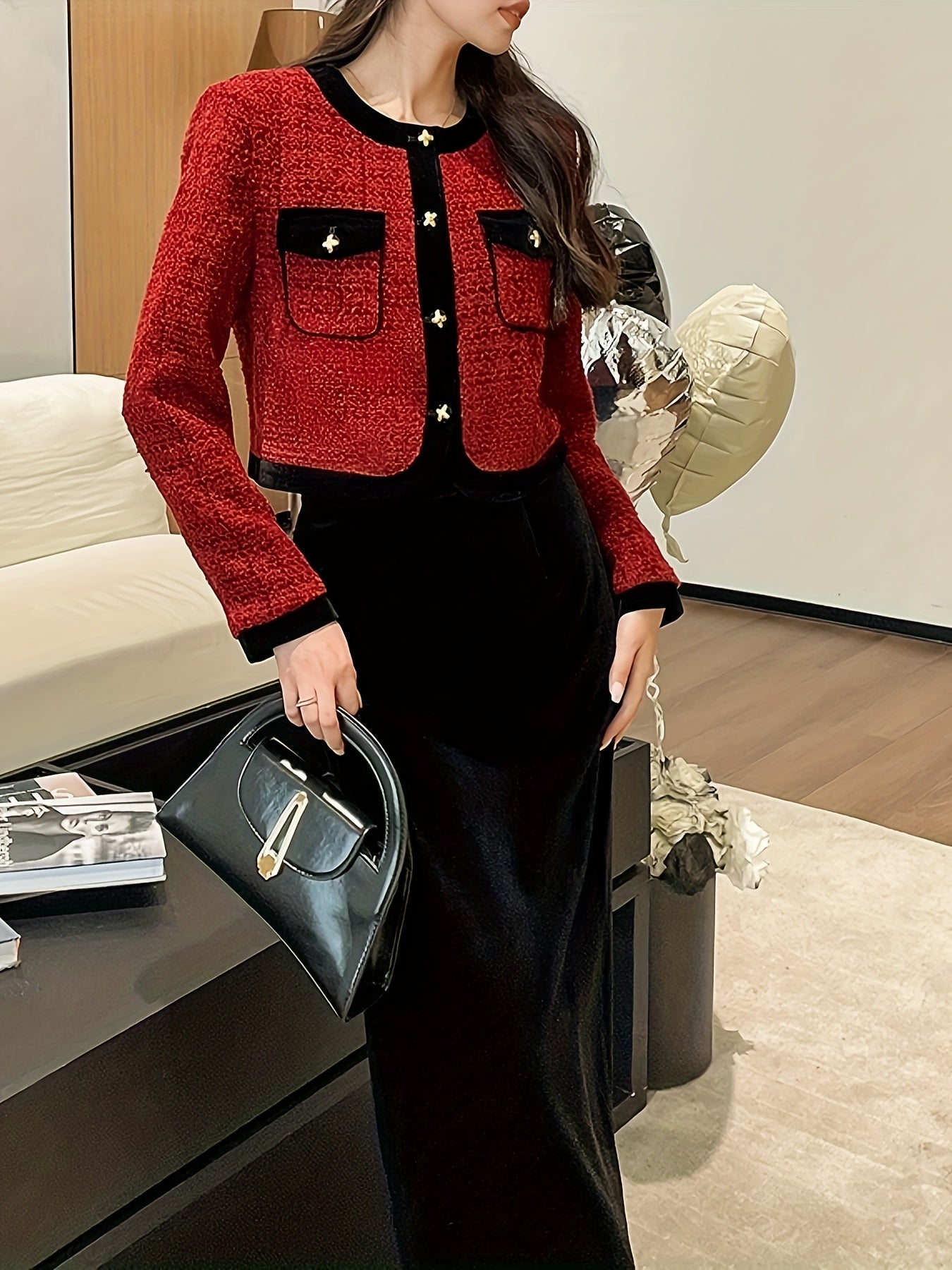 Antmvs Elegant Work Two-piece Set, Button Front Long Sleeve Tops & Solid Split Skirts Outfits, Women's Clothing