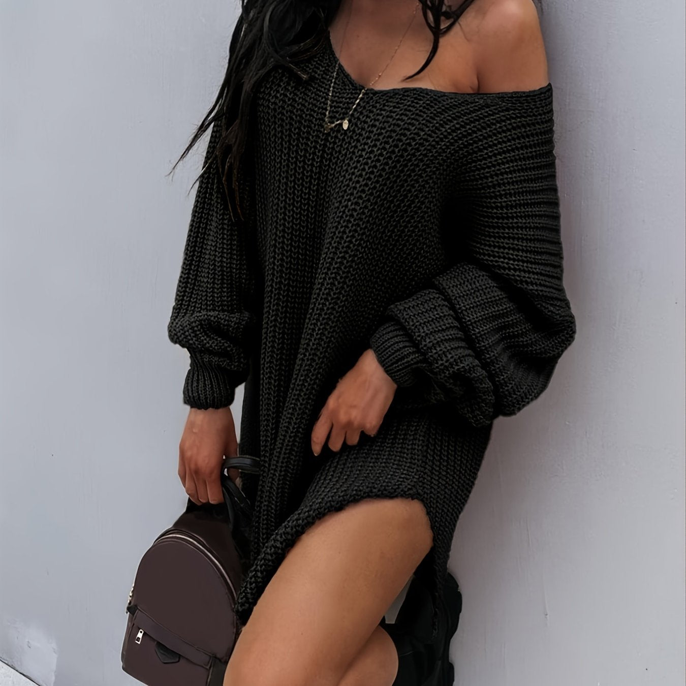 Antmvs Lantern Sleeve Knitted V-neck Sweater, Autumn And Winter New Knitted V-neck Sweater, Women's Clothing