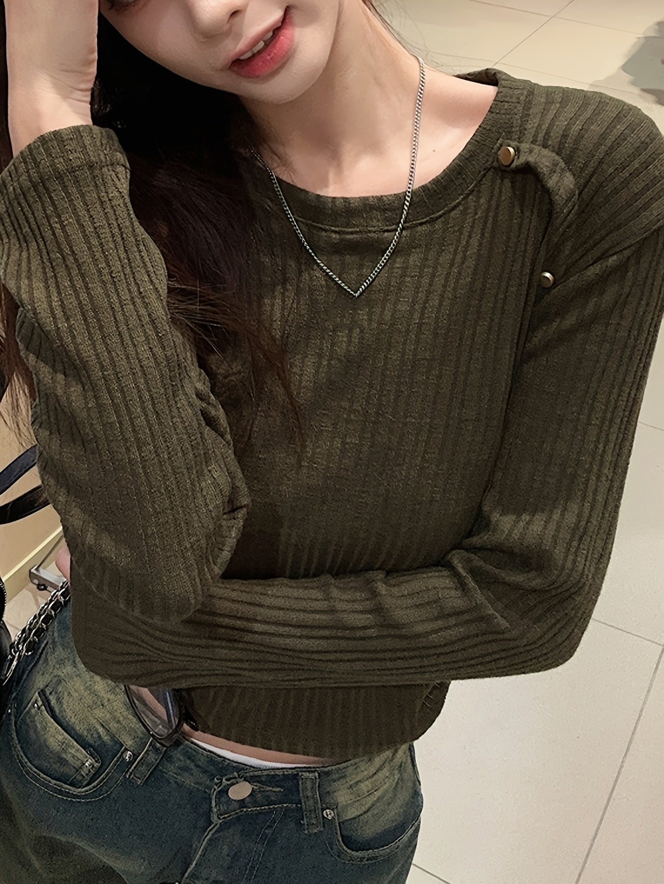 Antmvs Solid Crew Neck Rib Knit Top, Casual Long Sleeve Slim Crop Sweater For Spring & Fall, Women's Clothing