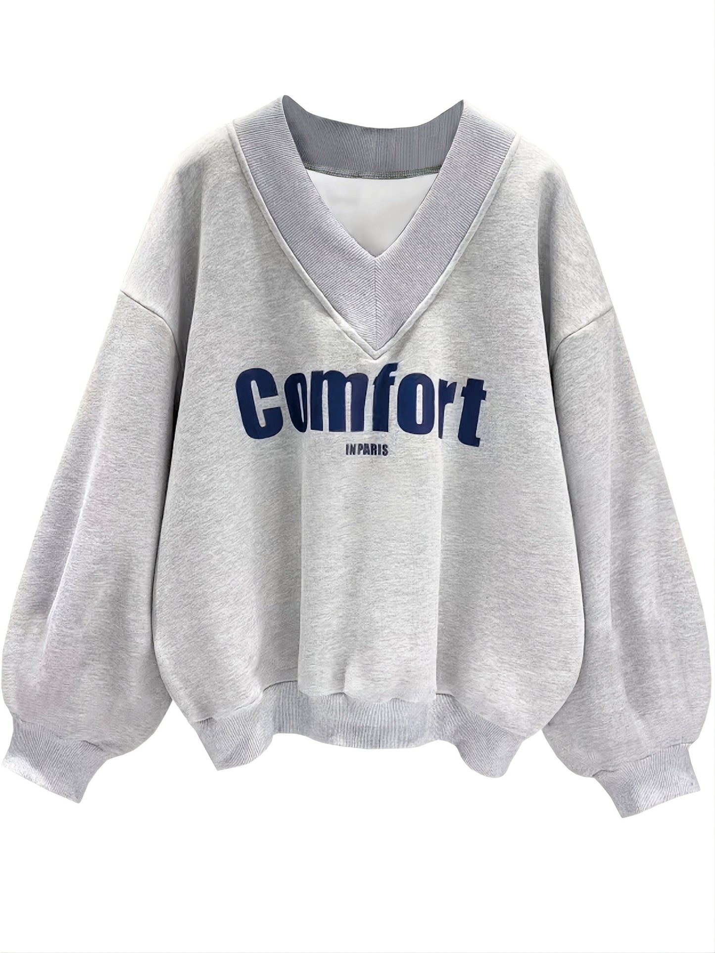 Antmvs Letter Graphic Print Sweatshirt, Long Sleeve V Neck Pullover Sweatshirt, Casual Tops For Fall & Winter, Women's Clothing