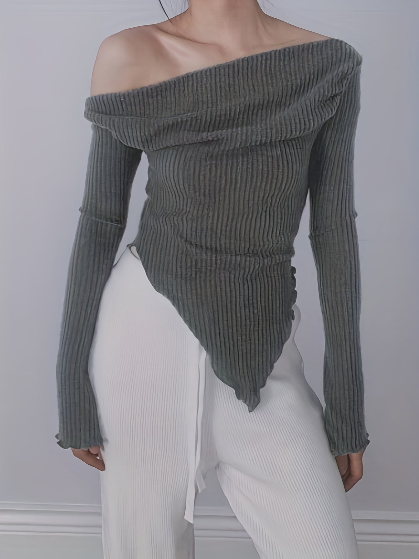 Antmvs Solid Ruched Asymmetrical Neck T-Shirt, Casual Hanky Hem Long Sleeve Top For Spring & Fall, Women's Clothing