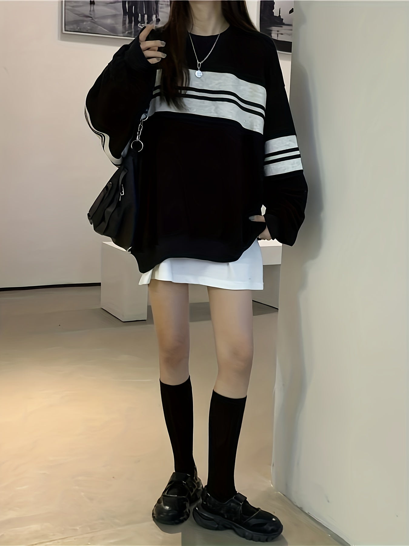 Antmvs Striped Crew Neck Sweatshirt, Casual Long Sleeve Drop Shoulder Sweatshirt, Women's Clothing