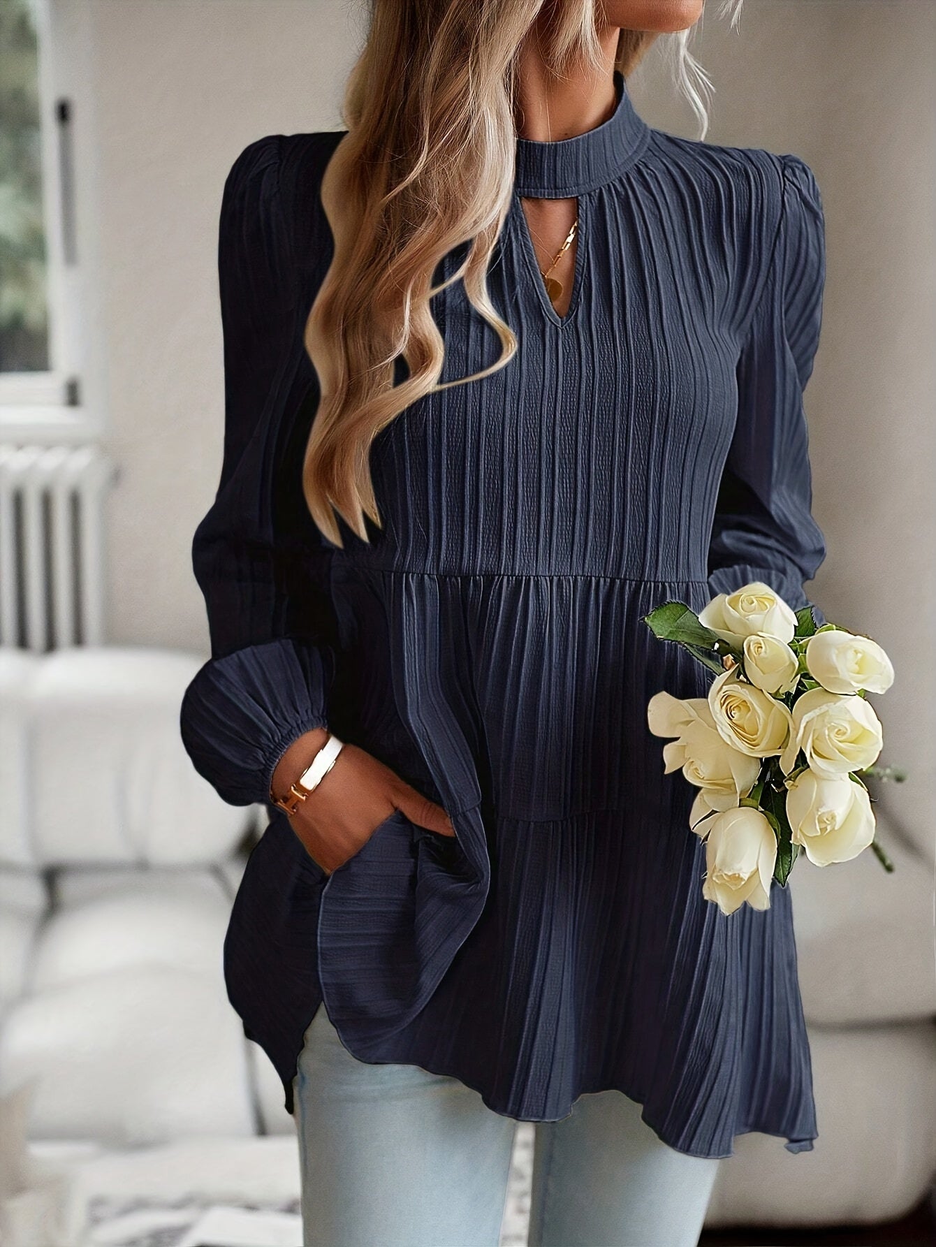 Antmvs Textured Keyhole Blouse, Elegant Mock Neck Long Sleeve Blouse, Women's Clothing