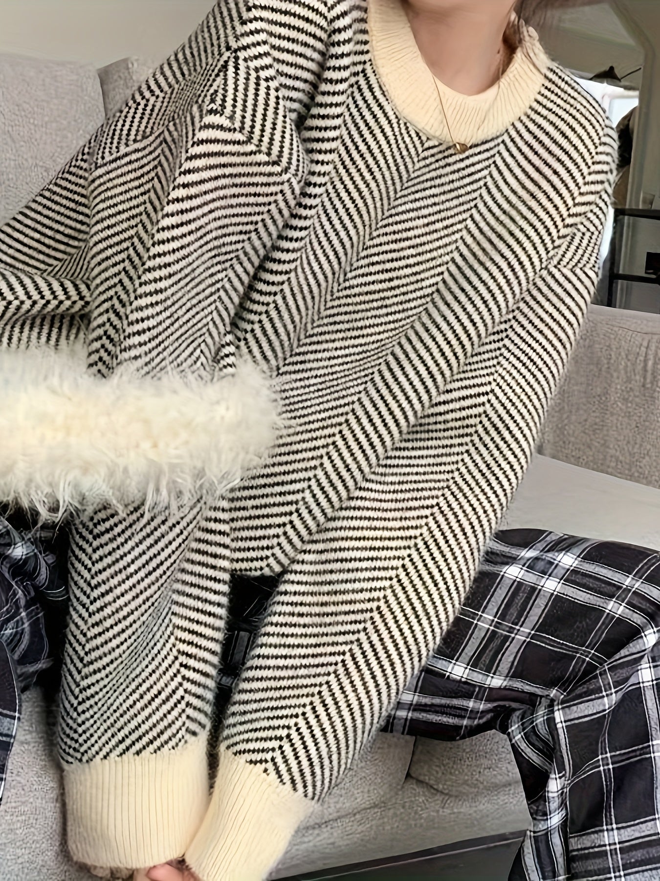 Antmvs Striped Crew Neck Pullover Sweater, Casual Long Sleeve Loose Sweater, Women's Clothing