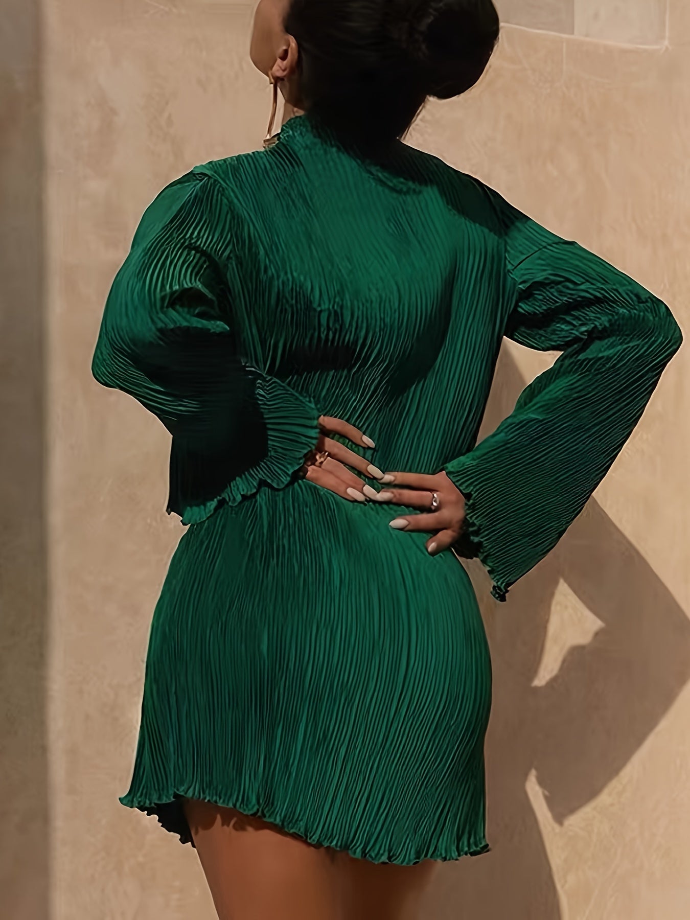 Antmvs Lettuce Trim Textured Dress, Elegant Solid Flared Sleeve Dress, Women's Clothing
