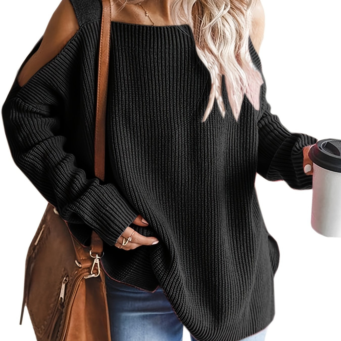 Antmvs Cold Shoulder Oversized Sweater, Casual Long Sleeve Sweater For Fall & Winter, Women's Clothing