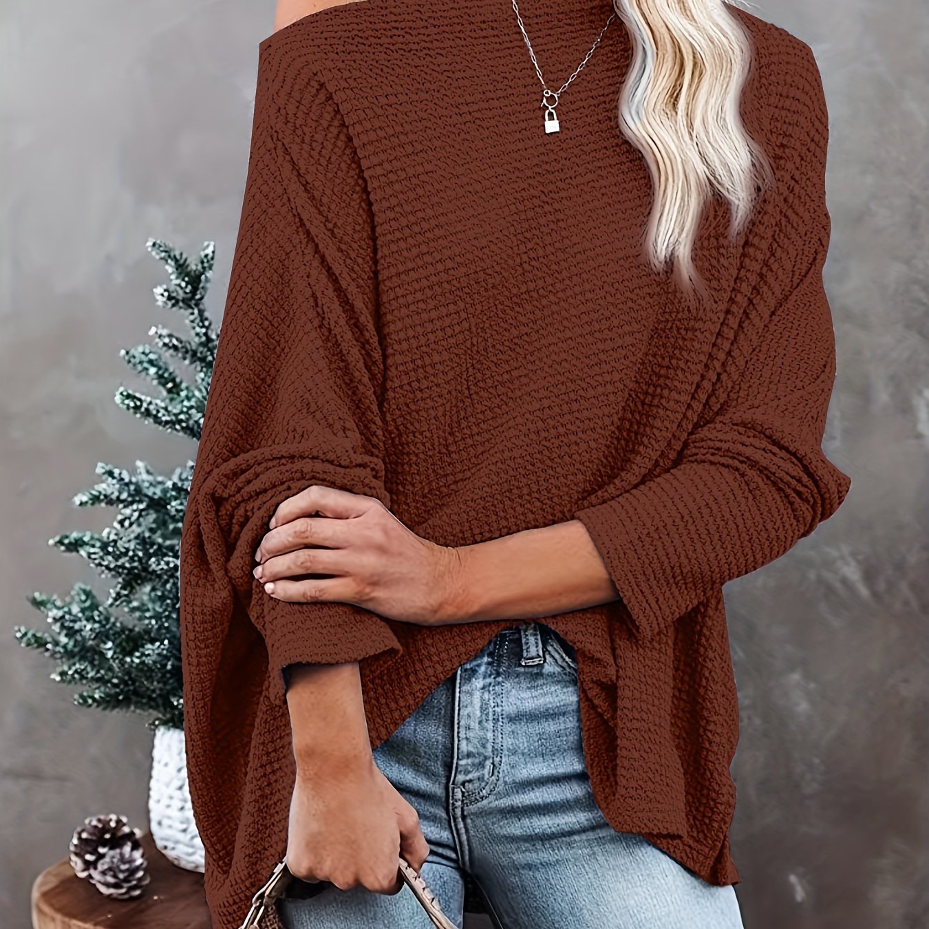 Antmvs Women's Casual Off Shoulder Bat Long Sleeve Waffle Knitted Oversized Pullover Sweater, Casual Tops For Fall & Winter, Women's Clothing