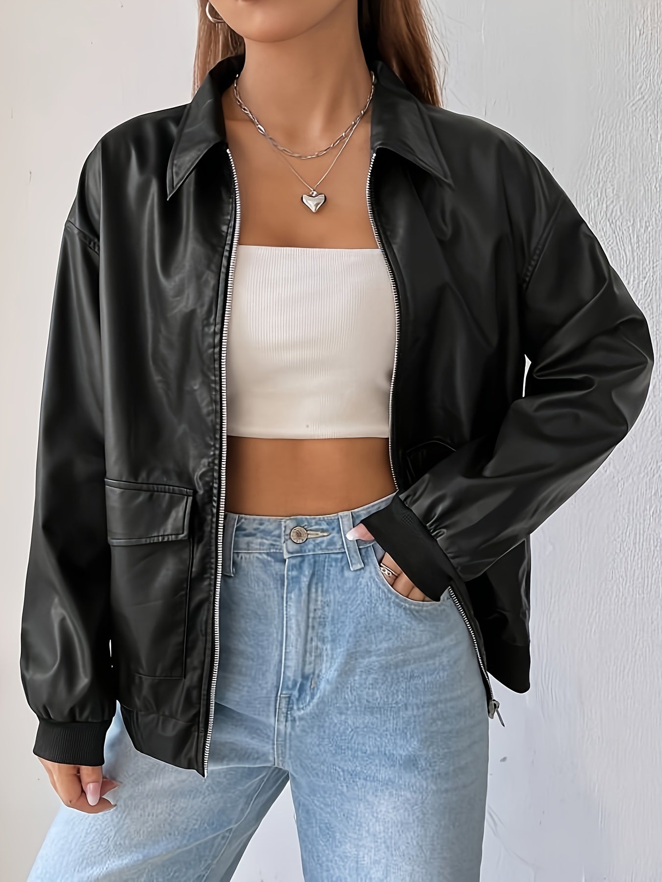 Antmvs Zip Up Pocket Front Jacket, Elegant Solid Long Sleeve Outerwear, Women's Clothing