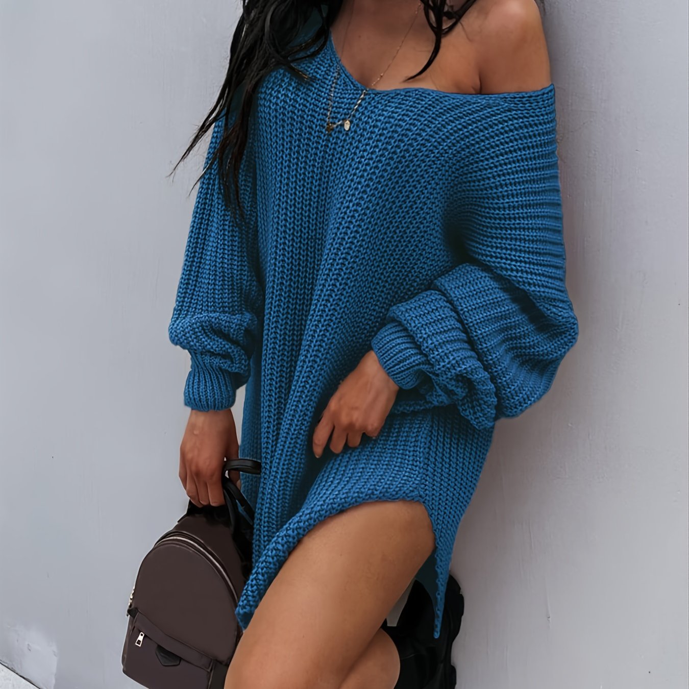 Antmvs Lantern Sleeve Knitted V-neck Sweater, Autumn And Winter New Knitted V-neck Sweater, Women's Clothing