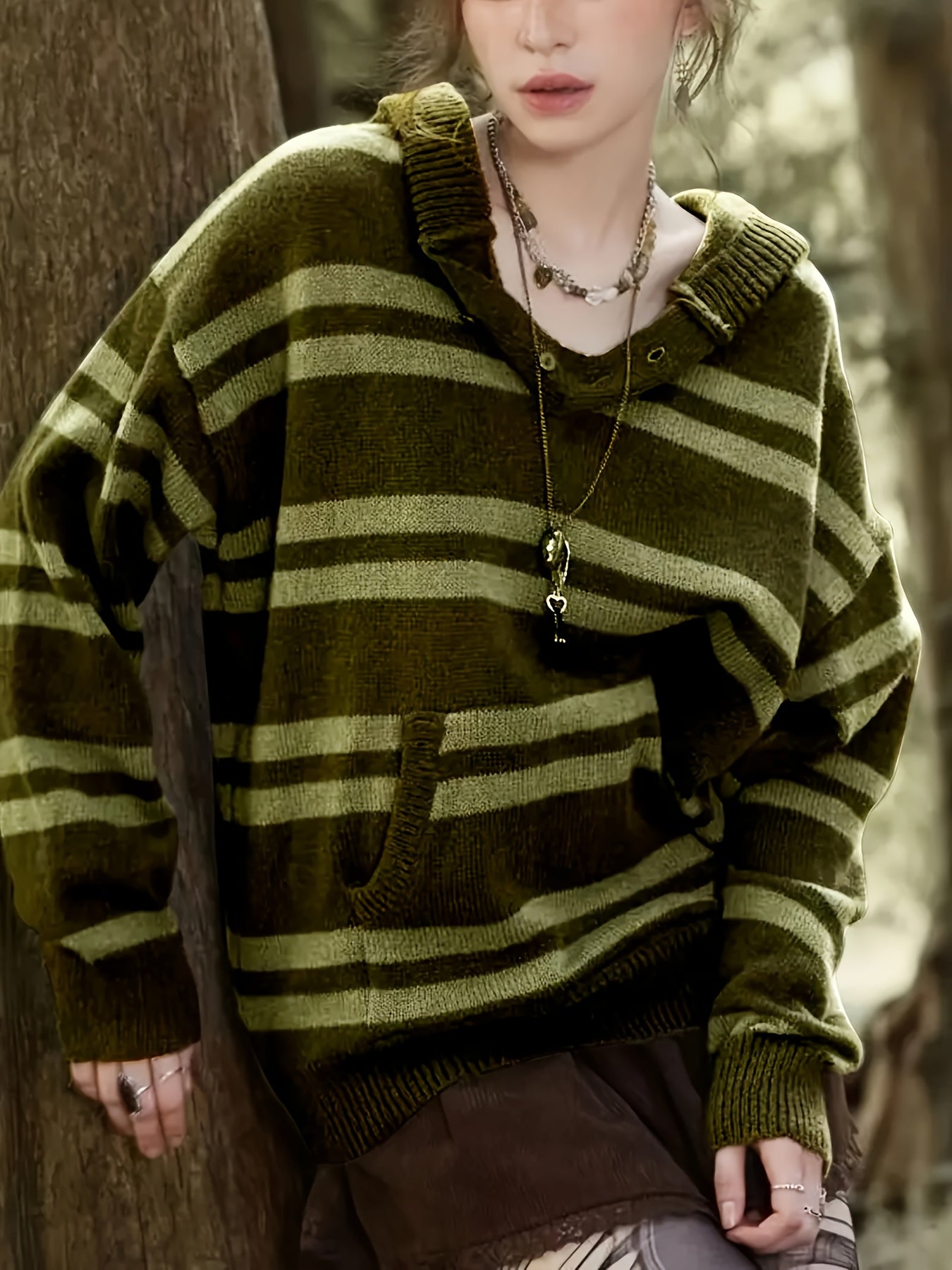 Antmvs Striped Drop Shoulder Knitted Hoodie, Casual Crew Neck Long Sleeve Pullover Hoodie, Women's Clothing