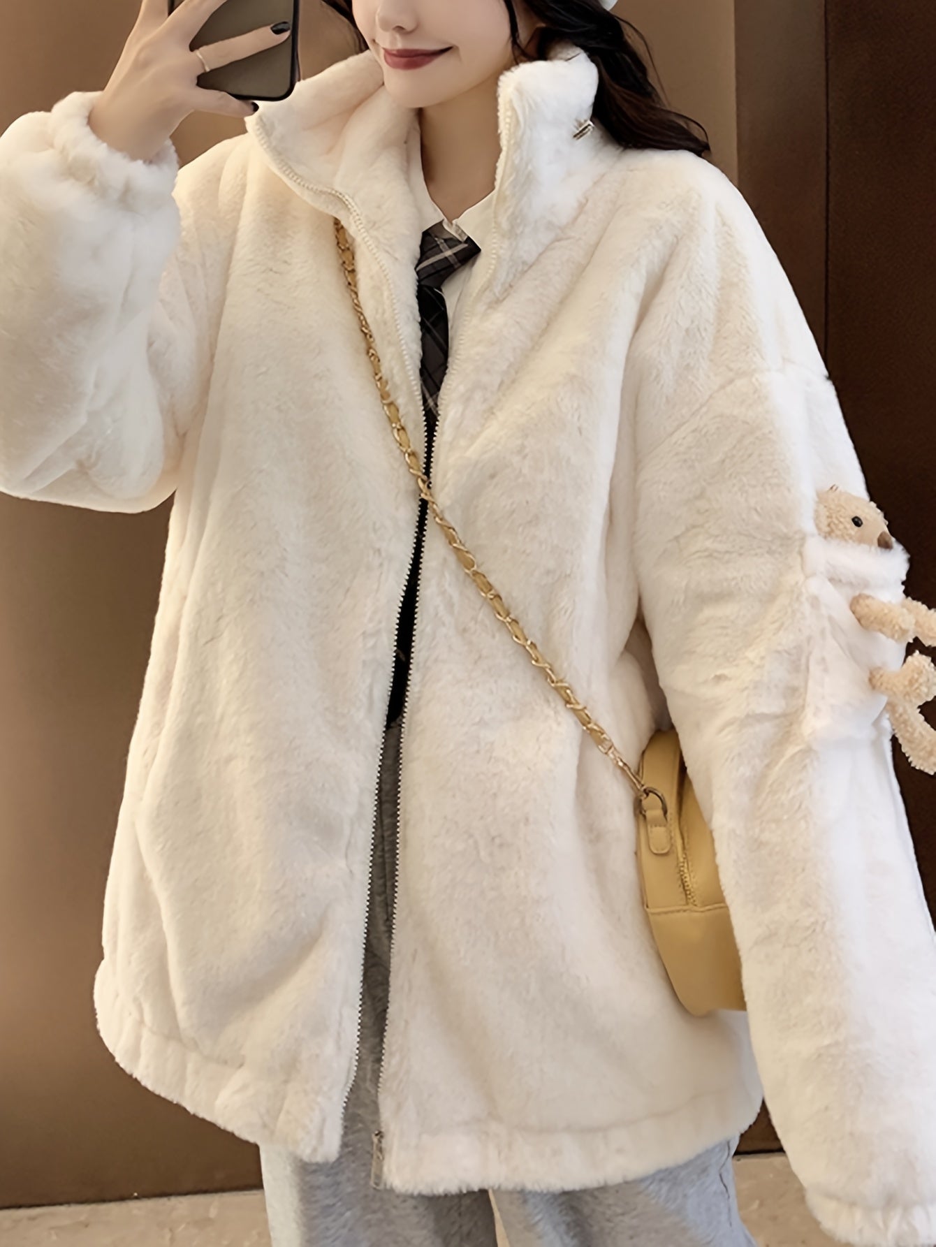 Antmvs Teddy Decor Zip Front Plush Coat, Long Sleeve Slant Pockets Outerwear For Fall & Winter, Women's Clothing