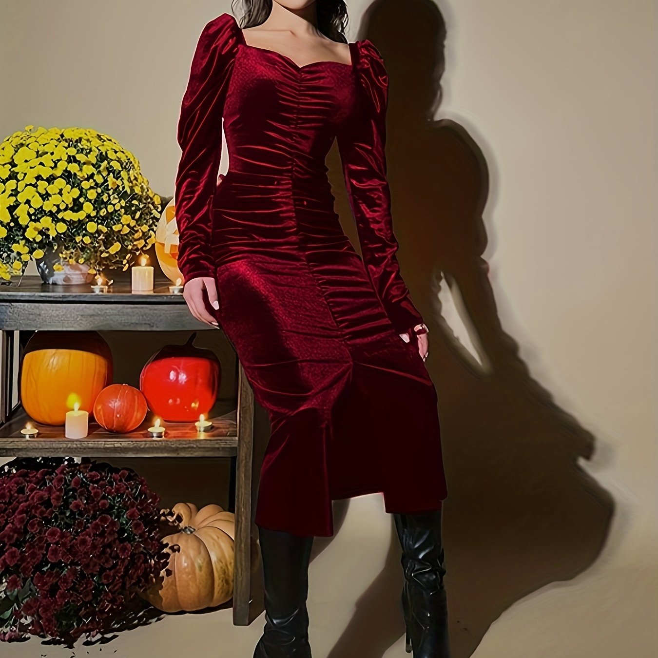 Antmvs Ruched Sweetheart Neck Dress, Vintage Long Sleeve Bodycon Dress, Women's Clothing
