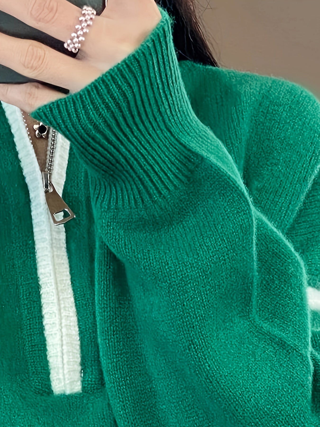 Antmvs Zip Turtle Neck Pullover Sweater, Casual Long Sleeve Wool Thermal Sweater, Women's Clothing